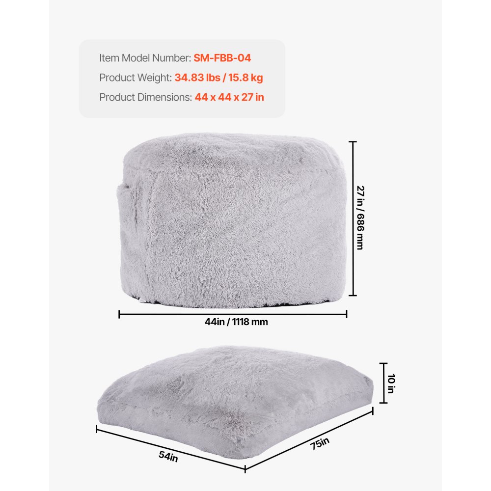 VEVOR Sillón Puf 1118 x 1118 x 686 mm, Convertible de Puf a Sillón o Colchón, Puf Gigante con Funda Lavable para Adultos, Felpa Esponjosa, Relleno de Espuma y Bolsillo Lateral, Gris, Tamaño Completo