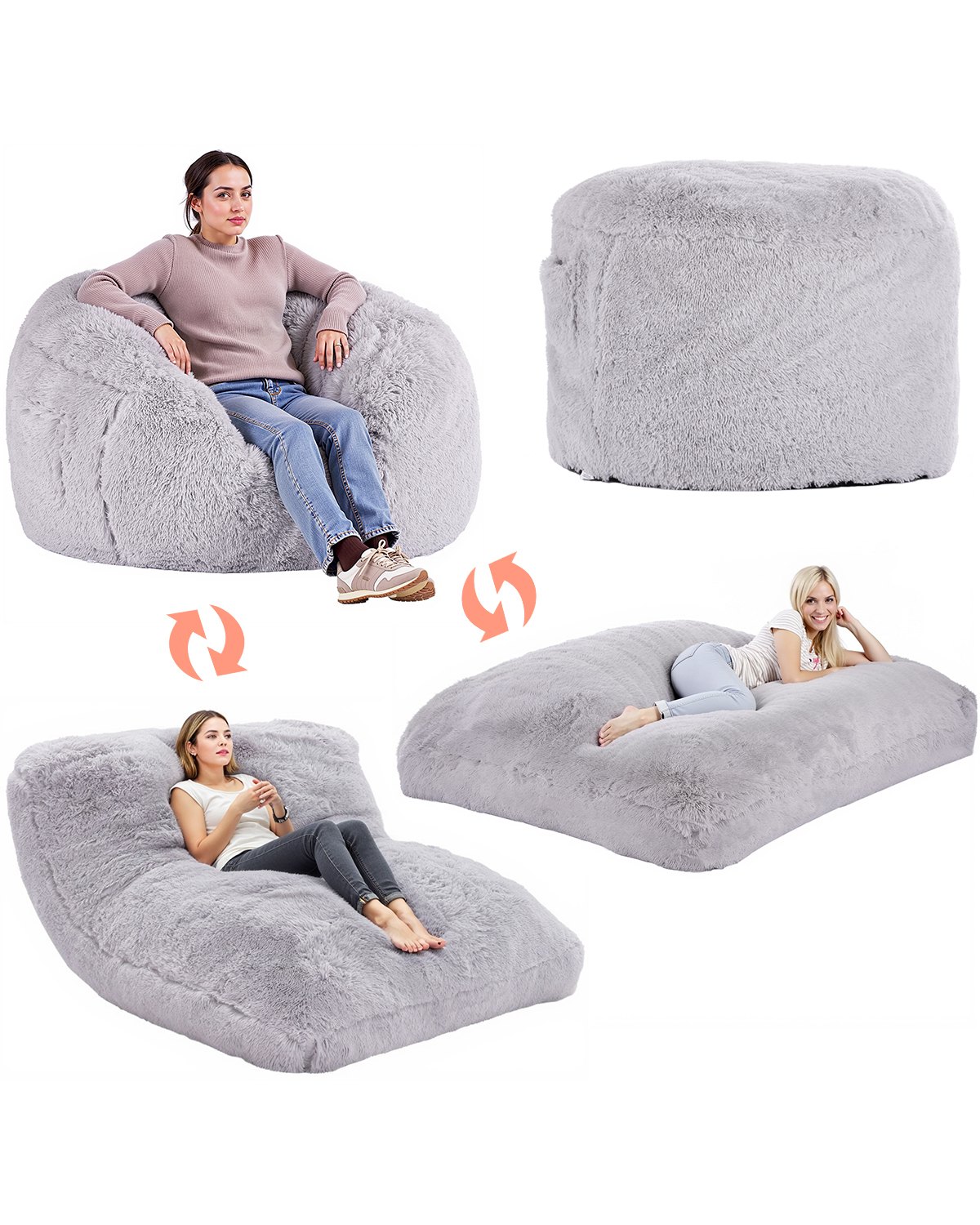 VEVOR Sillón Puf 1118 x 1118 x 686 mm, Convertible de Puf a Sillón o Colchón, Puf Gigante con Funda Lavable para Adultos, Felpa Esponjosa, Relleno de Espuma y Bolsillo Lateral, Gris, Tamaño Completo