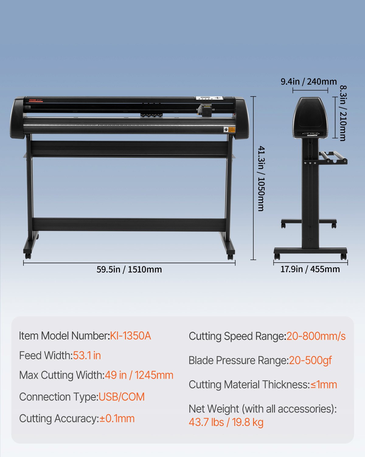 VEVOR Máquina Cortadora de Vinilo de 1350 mm, Plotter de Corte de Vinilo con Control Digital, Memoria 128K-2M Vinilo Cortador Letrero, Corte Plotter Impresora Sublimación, Plotter de Impresión