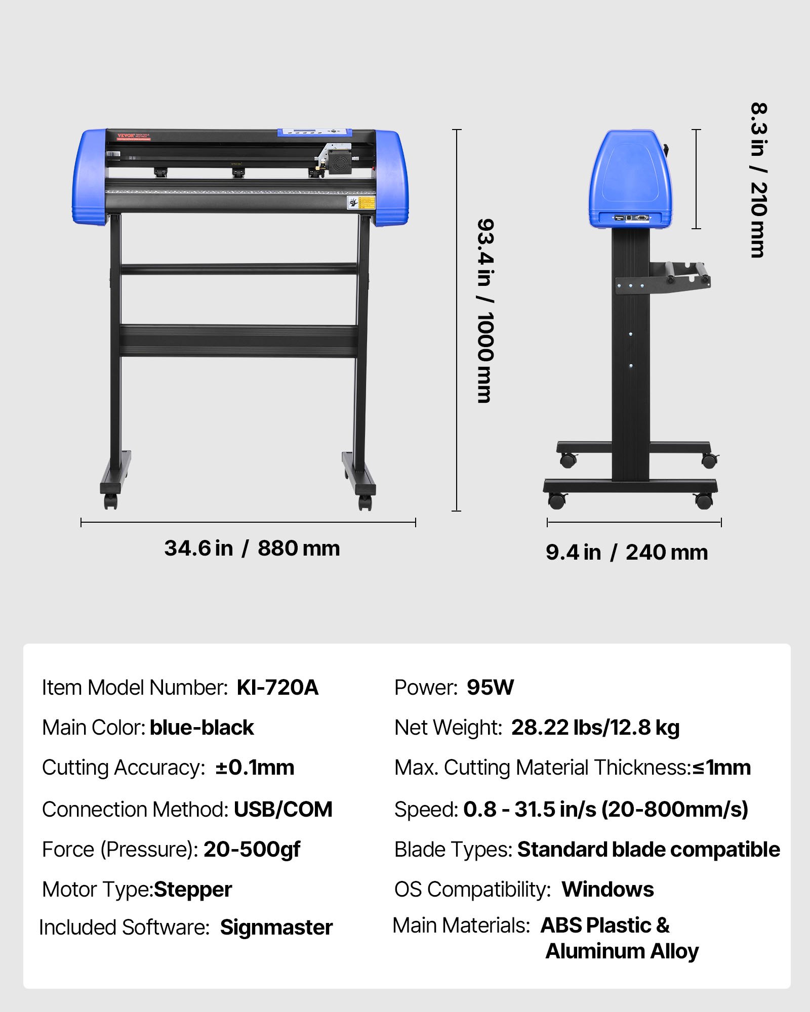 VEVOR Cortador de Vinilo, Máquina de Cortador de Plotter de Vinilo de 720mm, Vinilo Cortador Letrero para Corte Negro Azul