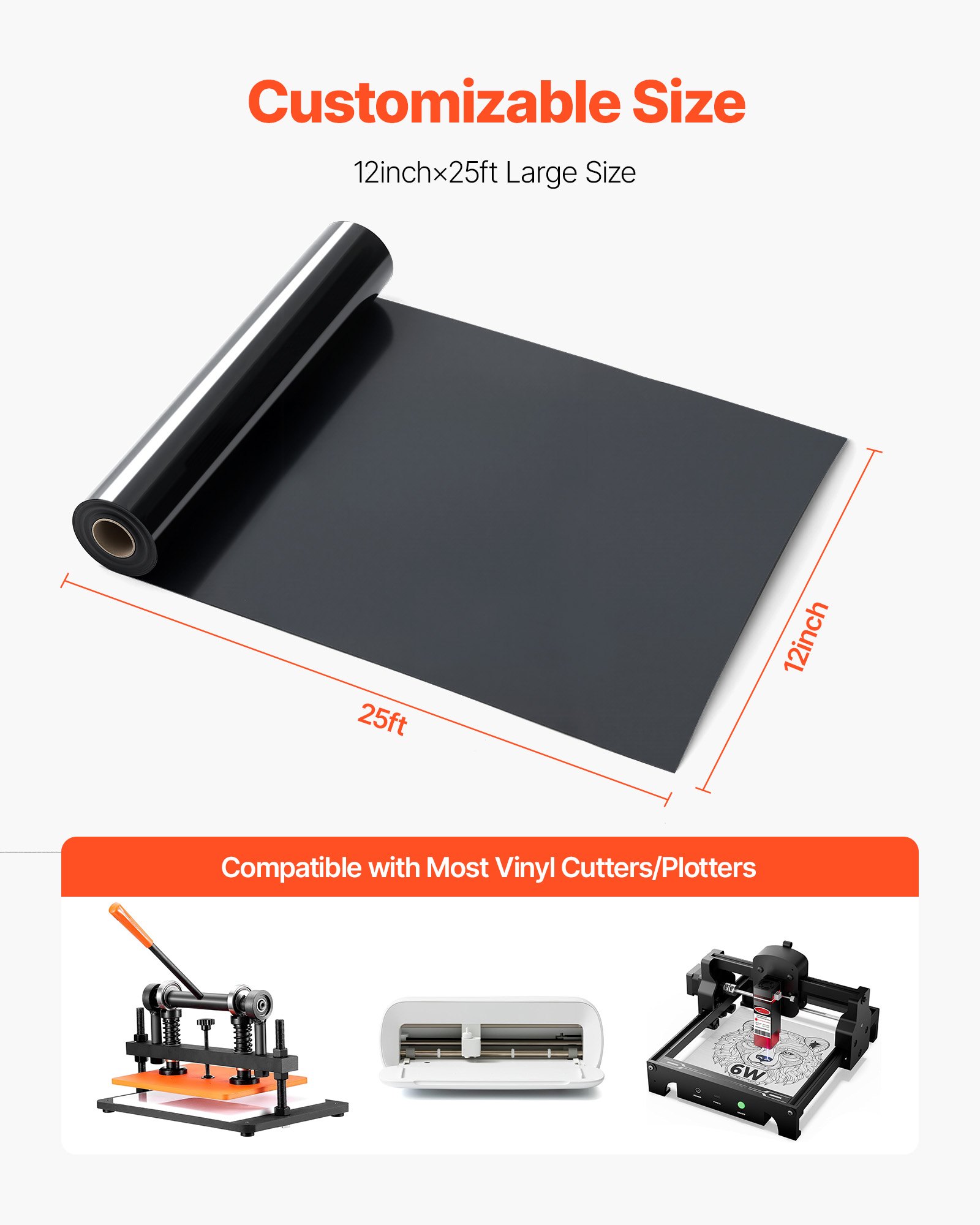 VEVOR Rollo de Vinilo Termoadhesivo HTV 30,48x726 cm Vinilo de Transferencia Térmica Fácil Cortar/Despegar Fuerte Adhesión Compatible con Máquina de Corte  para Varios Materiales, Negro Brillante