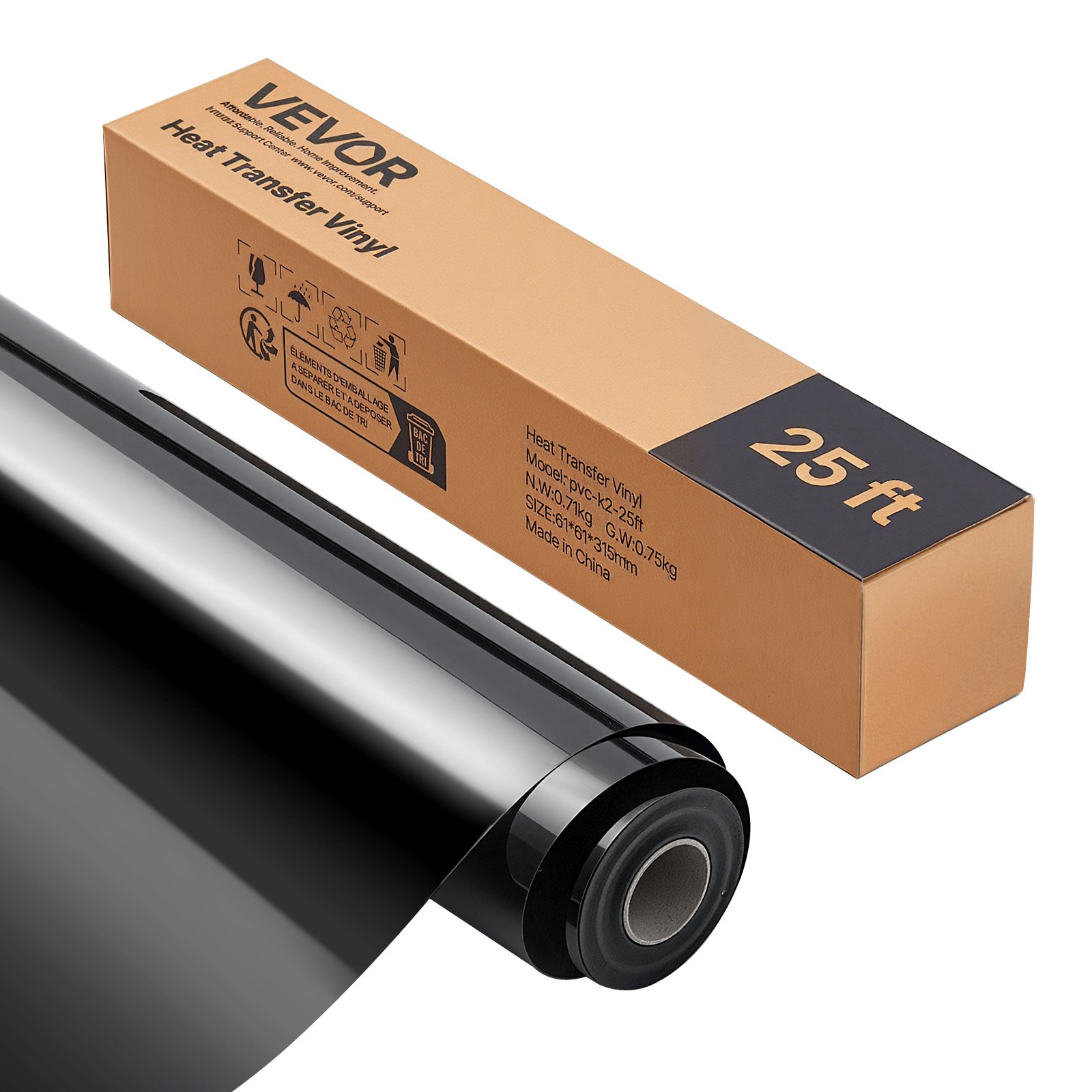 VEVOR Rollo de Vinilo Termoadhesivo HTV 30,48x726 cm Vinilo de Transferencia Térmica Fácil Cortar/Despegar Fuerte Adhesión Compatible con Máquina de Corte  para Varios Materiales, Negro Brillante