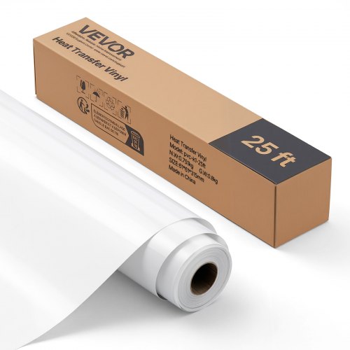 VEVOR Rollo de Vinilo Termoadhesivo HTV 30,48x726 cm Vinilo de Transferencia Térmica Fácil Cortar/Despegar Fuerte Adhesión Compatible con Máquina de Corte, para Varios Materiales, Blanco Brillante