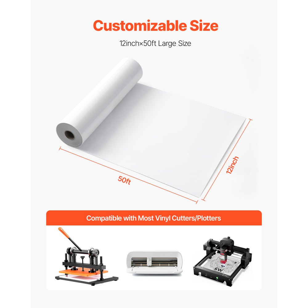 VEVOR Heat Transfer Vinyl, 304.8 x 15240mm, Glossy White HTV Iron on Vinyl Roll, Easy to Cut and Weed, Strong Adhesion, Compatible with Cutting Machines, for Various Materials, T-shirts, Pillows, Hats