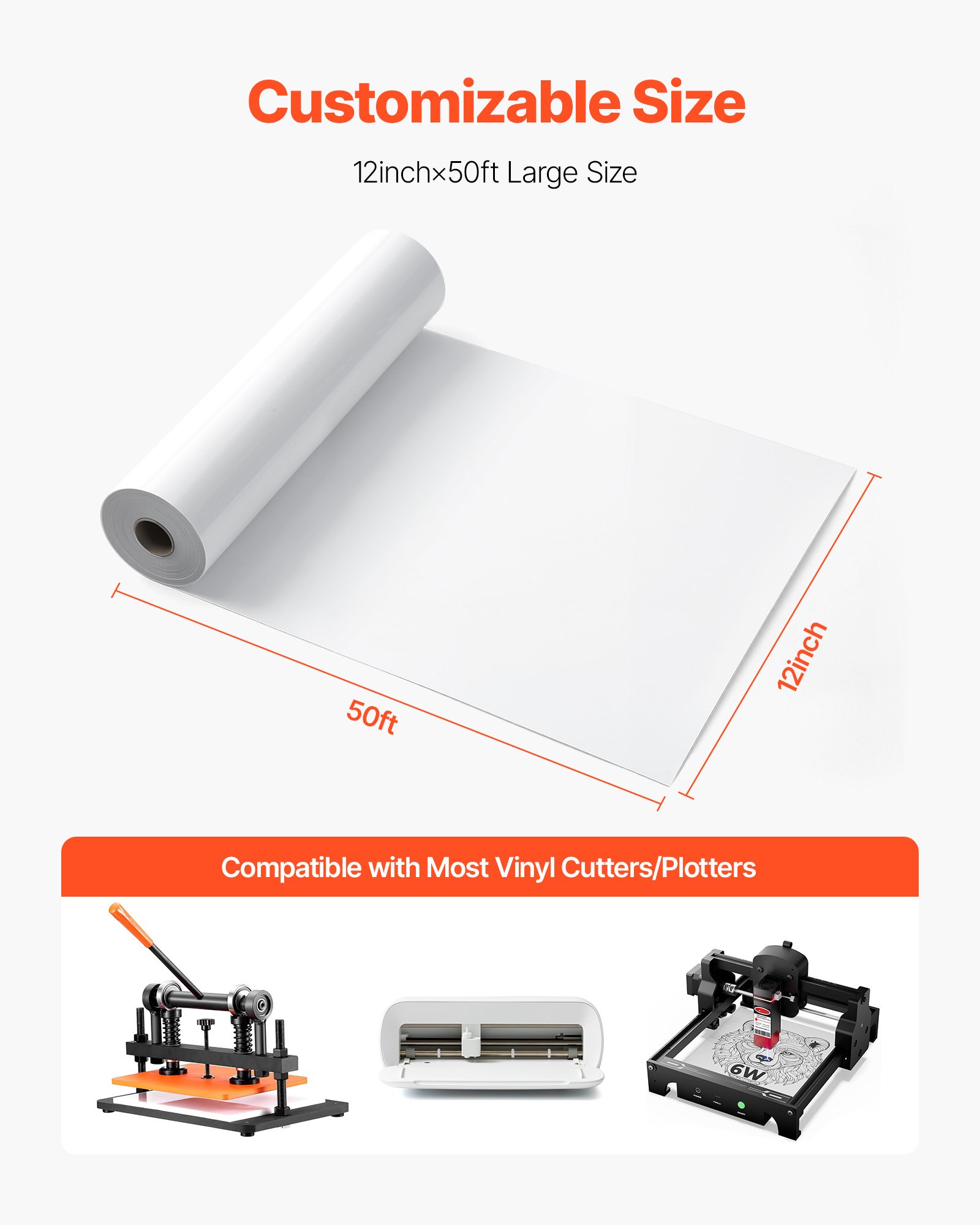 VEVOR Heat Transfer Vinyl, 304.8 x 15240mm, Glossy White HTV Iron on Vinyl Roll, Easy to Cut and Weed, Strong Adhesion, Compatible with Cutting Machines, for Various Materials, T-shirts, Pillows, Hats