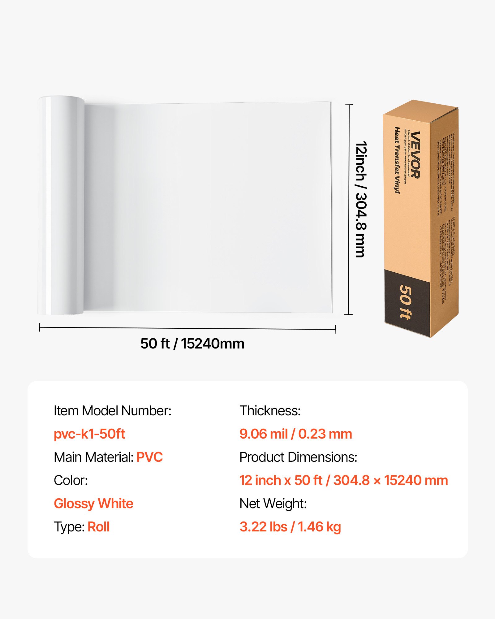 VEVOR Rollo de Vinilo Termoadhesivo HTV 30,48x1524 cm Vinilo de Transferencia Térmica Fácil Cortar/Despegar Fuerte Adhesión Compatible con Máquina de Corte, para Varios Materiales, Blanco Brillante