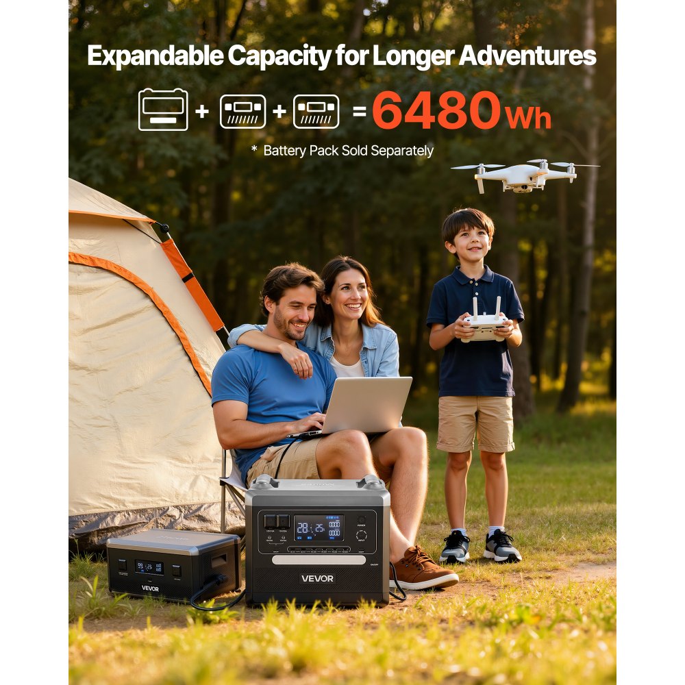 VEVOR Estación de Energía Portátil 2160 Wh y 2400 W, Panel Solar Plegable de 200 W para Camping y Autocaravanas, 10 Puertos de Salida, con 5 Niveles de Potencia Seleccionables de 300 W a 1100 W