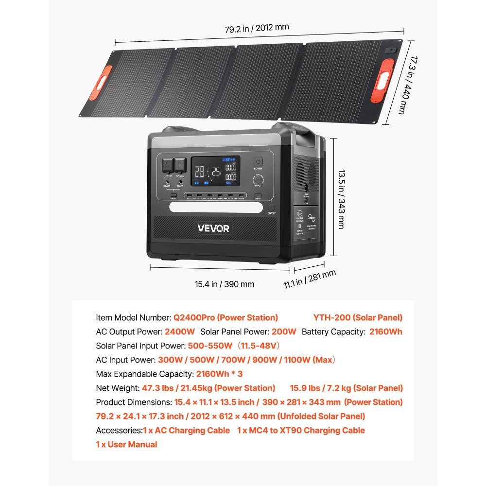 VEVOR Estación de Energía Portátil 2160 Wh y 2400 W, Panel Solar Plegable de 200 W para Camping y Autocaravanas, 10 Puertos de Salida, con 5 Niveles de Potencia Seleccionables de 300 W a 1100 W