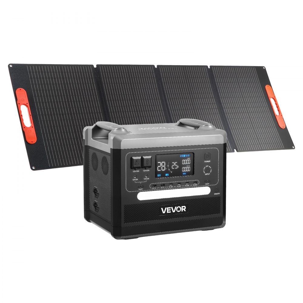VEVOR Estación de Energía Portátil 2160 Wh y 2400 W, Panel Solar Plegable de 200 W para Camping y Autocaravanas, 10 Puertos de Salida, con 5 Niveles de Potencia Seleccionables de 300 W a 1100 W