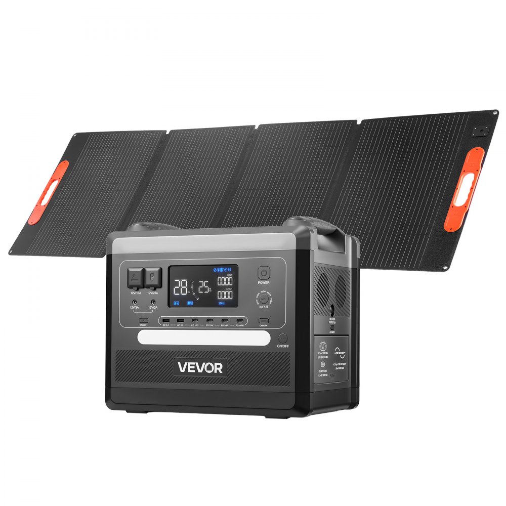 VEVOR Estación de Energía Portátil 2160 Wh y 2400 W, Panel Solar Plegable de 200 W para Camping y Autocaravanas, 10 Puertos de Salida, con 5 Niveles de Potencia Seleccionables de 300 W a 1100 W