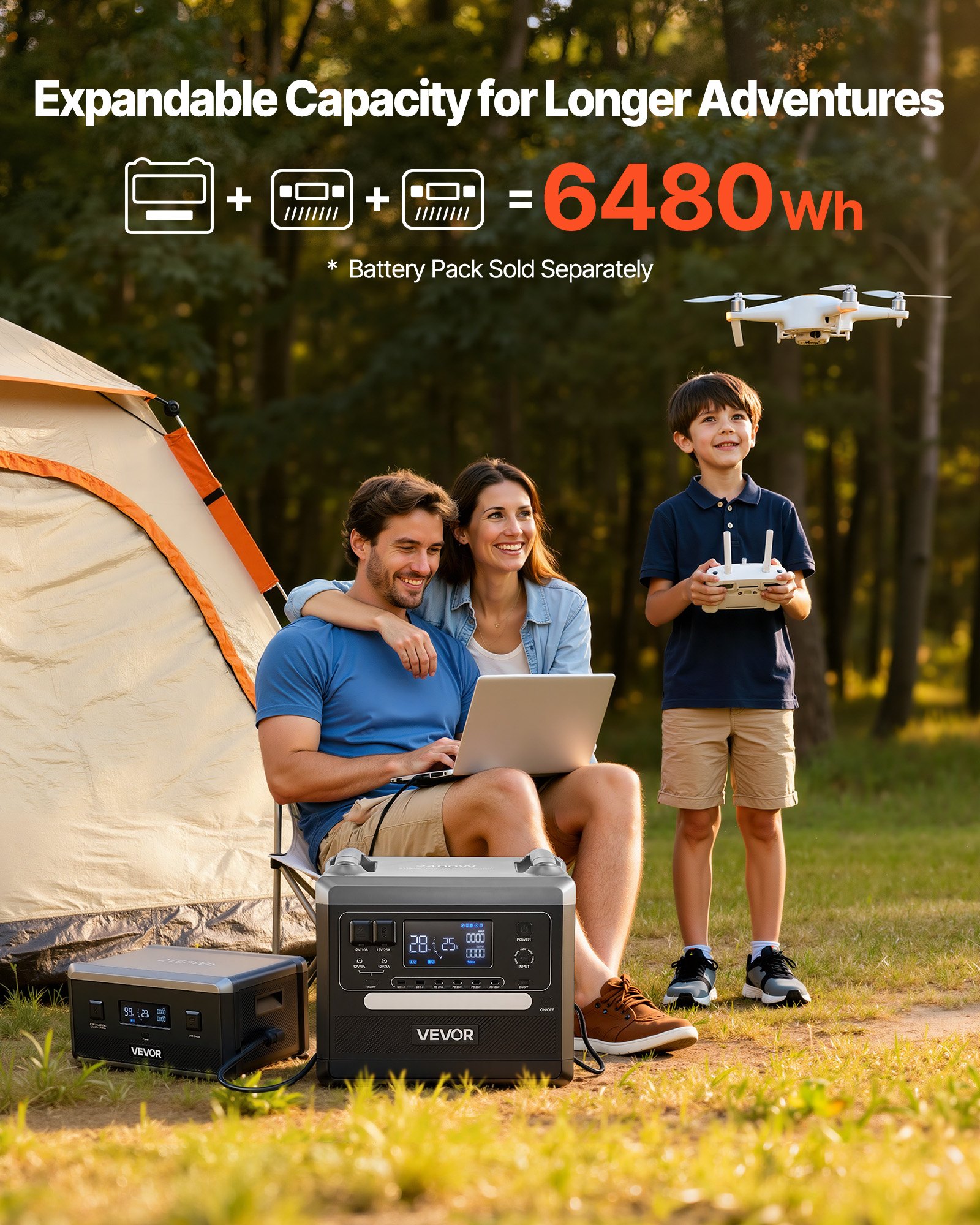 VEVOR Estación de Energía Portátil 2160 Wh y 2400 W, Panel Solar Plegable de 200 W para Camping y Autocaravanas, 10 Puertos de Salida, con 5 Niveles de Potencia Seleccionables de 300 W a 1100 W