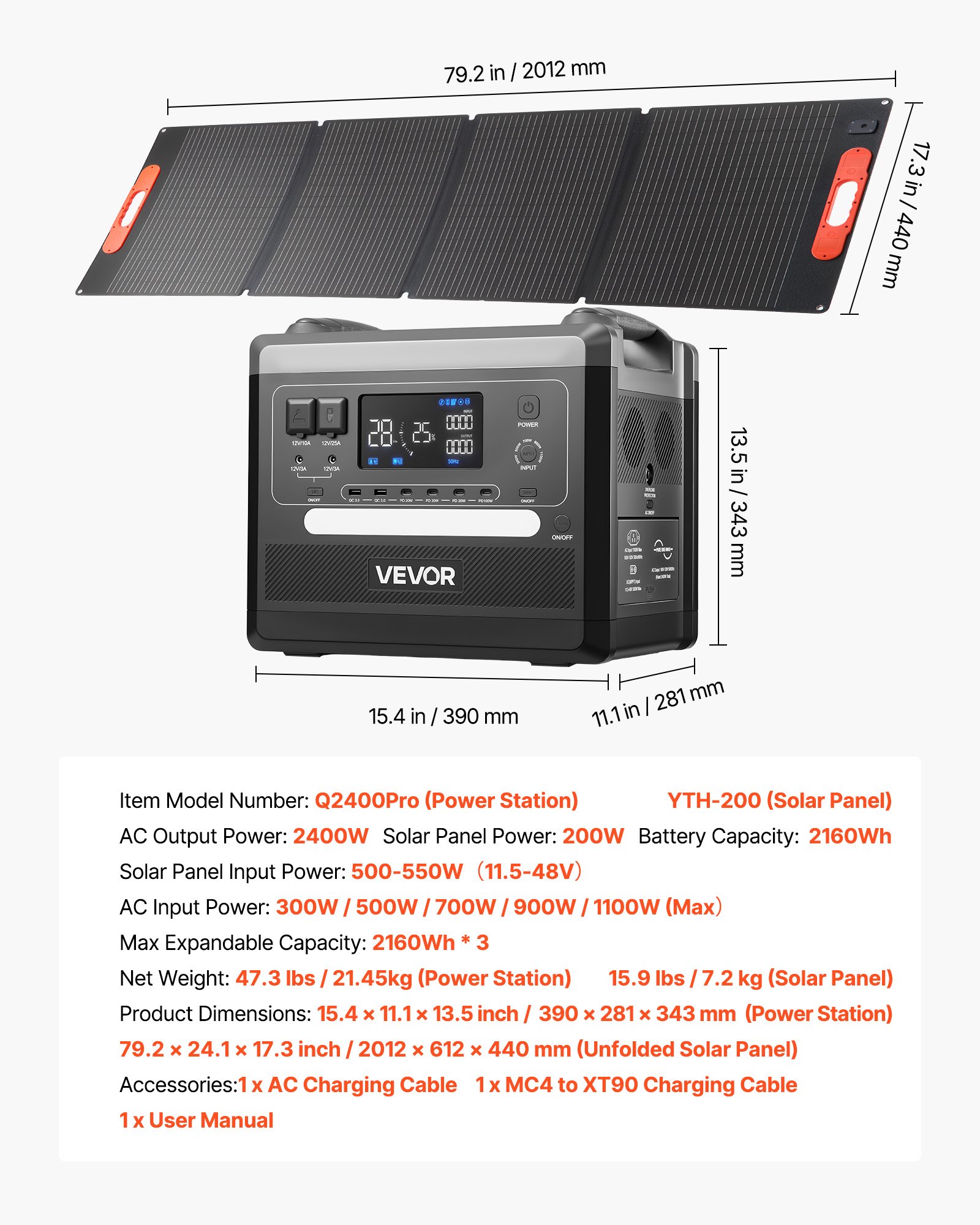 VEVOR Estación de Energía Portátil 2160 Wh y 2400 W, Panel Solar Plegable de 200 W para Camping y Autocaravanas, 10 Puertos de Salida, con 5 Niveles de Potencia Seleccionables de 300 W a 1100 W