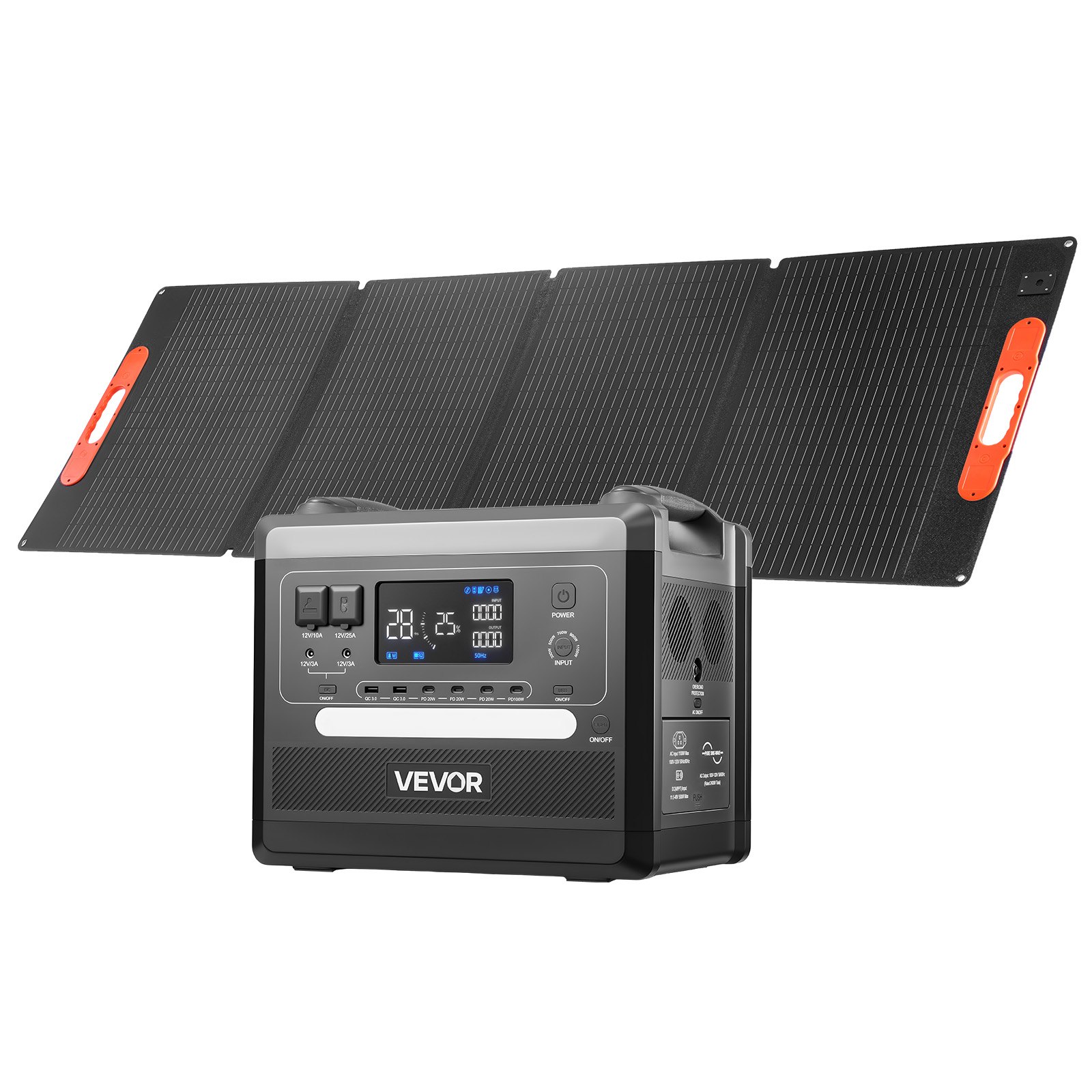 VEVOR Estación de Energía Portátil 2160 Wh y 2400 W, Panel Solar Plegable de 200 W para Camping y Autocaravanas, 10 Puertos de Salida, con 5 Niveles de Potencia Seleccionables de 300 W a 1100 W