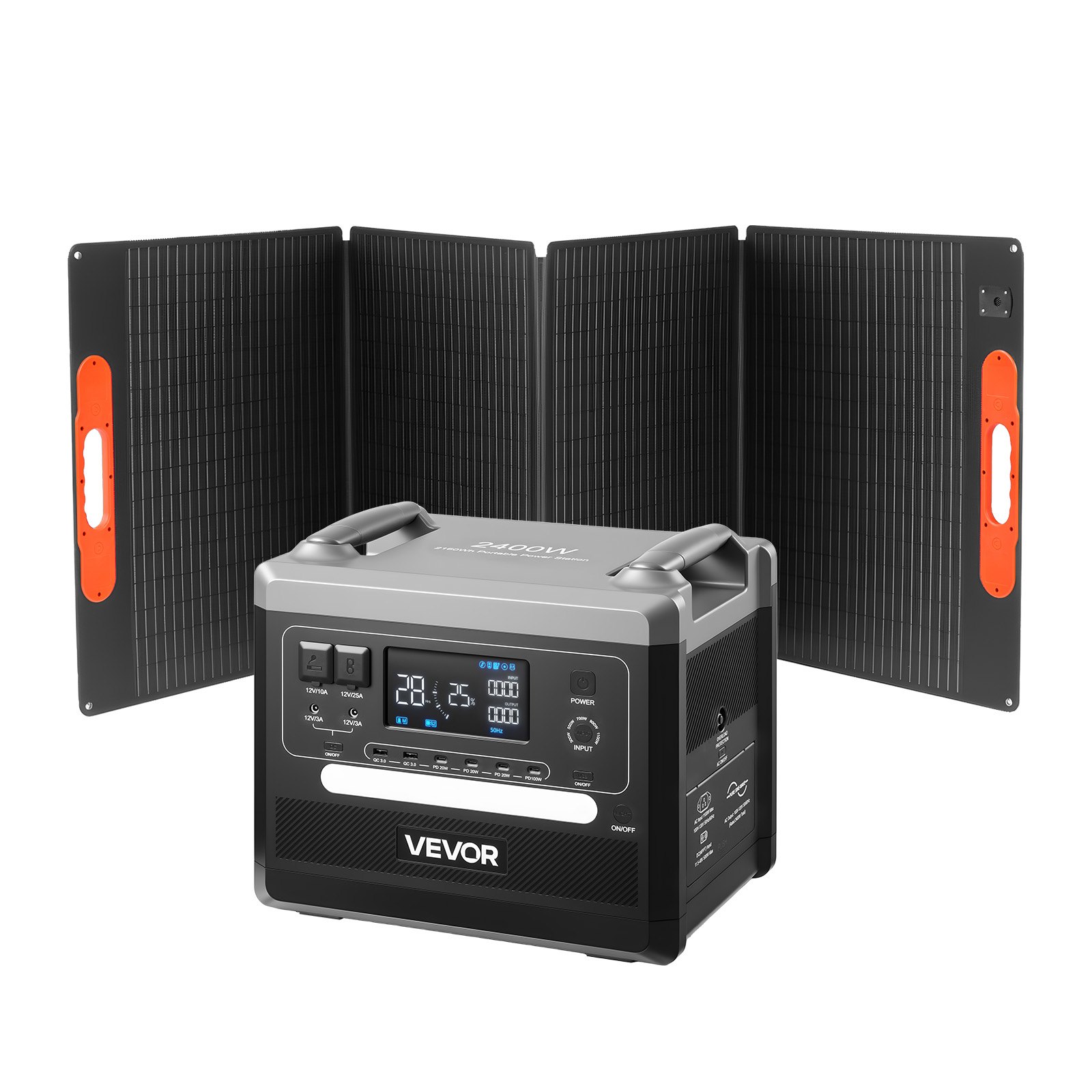 VEVOR Estación de Energía Portátil 2160 Wh y 2400 W, Panel Solar Plegable de 200 W para Camping y Autocaravanas, 10 Puertos de Salida, con 5 Niveles de Potencia Seleccionables de 300 W a 1100 W