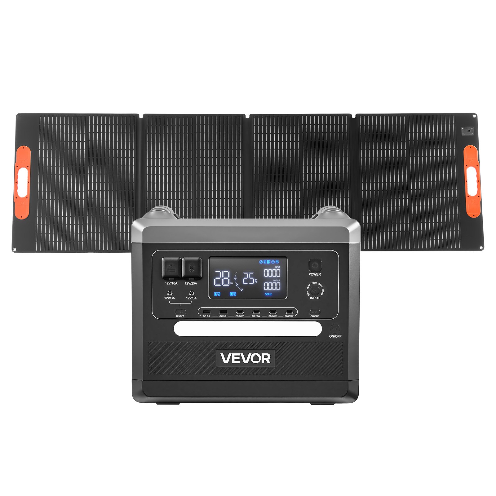 VEVOR Estación de Energía Portátil 2160 Wh y 2400 W, Panel Solar Plegable de 200 W para Camping y Autocaravanas, 10 Puertos de Salida, con 5 Niveles de Potencia Seleccionables de 300 W a 1100 W
