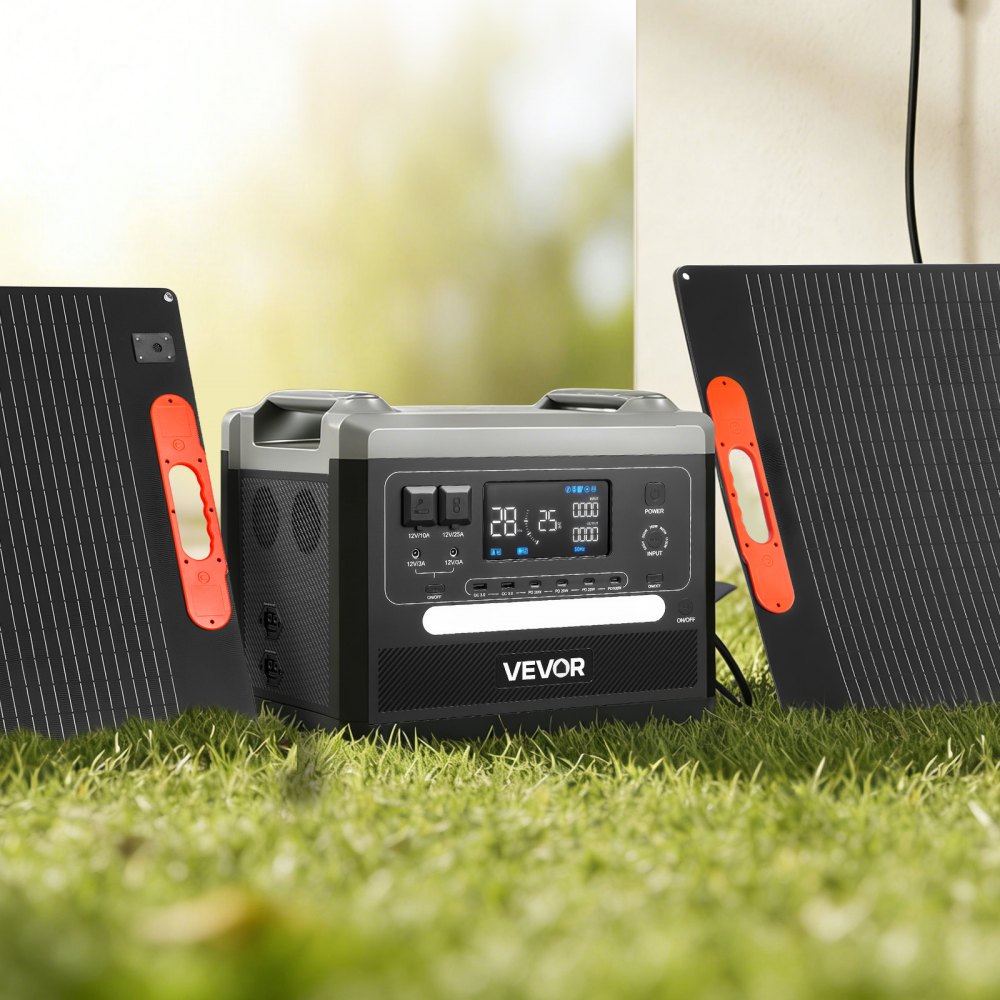 VEVOR Estación de Energía Solar Portátil 2160 Wh 2400 W, con 2 Paneles Solares Plegables 200 W para Camping, Vehículos y Actividades de Ocio, 10 Puertos de Salida y Potencia de Entrada Ajustable