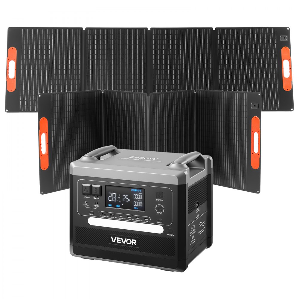 VEVOR Estación de Energía Solar Portátil 2160 Wh 2400 W, con 2 Paneles Solares Plegables 200 W para Camping, Vehículos y Actividades de Ocio, 10 Puertos de Salida y Potencia de Entrada Ajustable