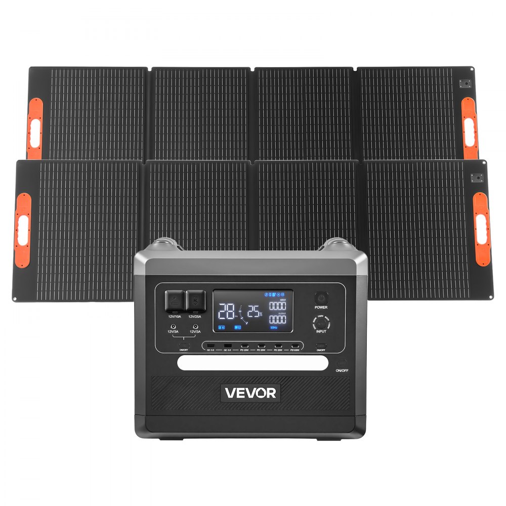 VEVOR Estación de Energía Solar Portátil 2160 Wh 2400 W, con 2 Paneles Solares Plegables 200 W para Camping, Vehículos y Actividades de Ocio, 10 Puertos de Salida y Potencia de Entrada Ajustable
