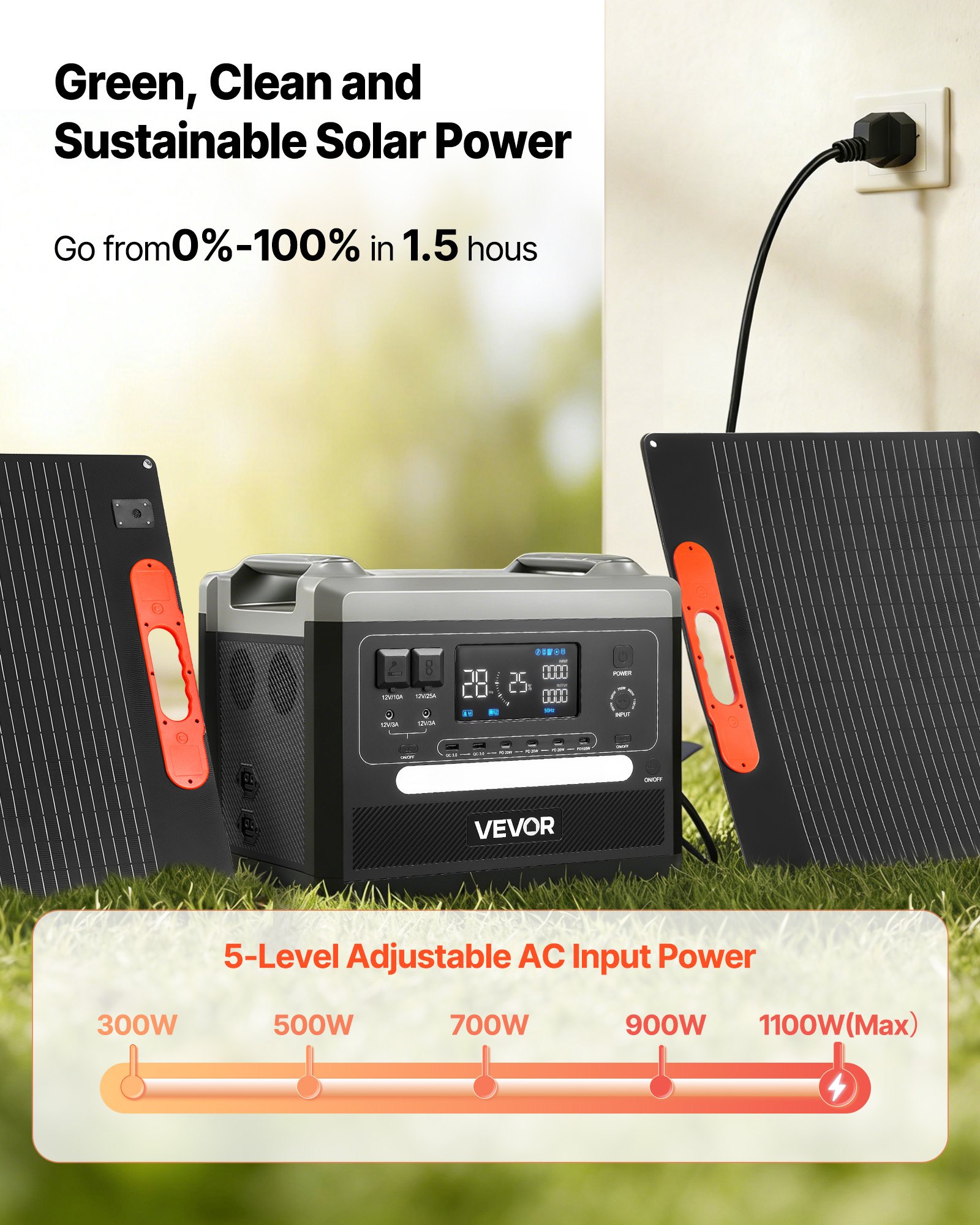 VEVOR Estación de Energía Solar Portátil 2160 Wh 2400 W, con 2 Paneles Solares Plegables 200 W para Camping, Vehículos y Actividades de Ocio, 10 Puertos de Salida y Potencia de Entrada Ajustable