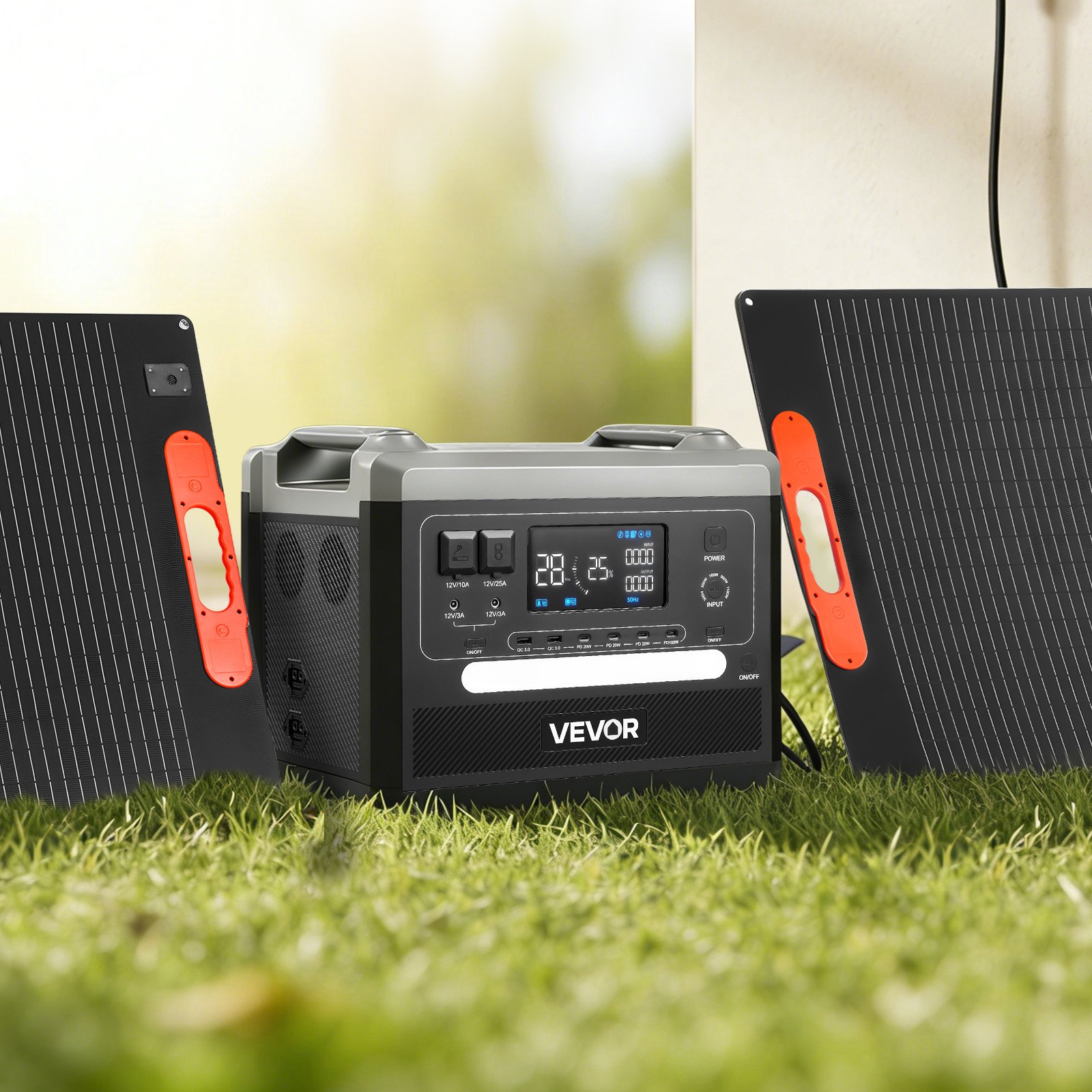 VEVOR Estación de Energía Solar Portátil 2160 Wh 2400 W, con 2 Paneles Solares Plegables 200 W para Camping, Vehículos y Actividades de Ocio, 10 Puertos de Salida y Potencia de Entrada Ajustable