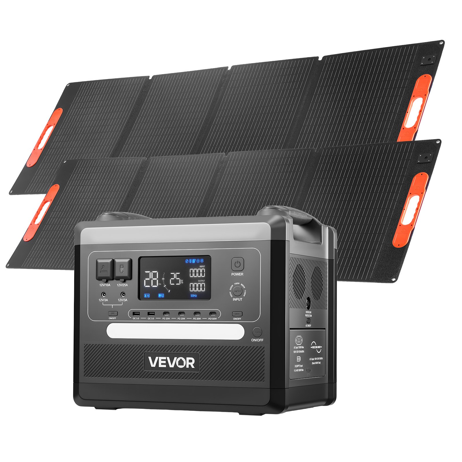 VEVOR Estación de Energía Solar Portátil 2160 Wh 2400 W, con 2 Paneles Solares Plegables 200 W para Camping, Vehículos y Actividades de Ocio, 10 Puertos de Salida y Potencia de Entrada Ajustable