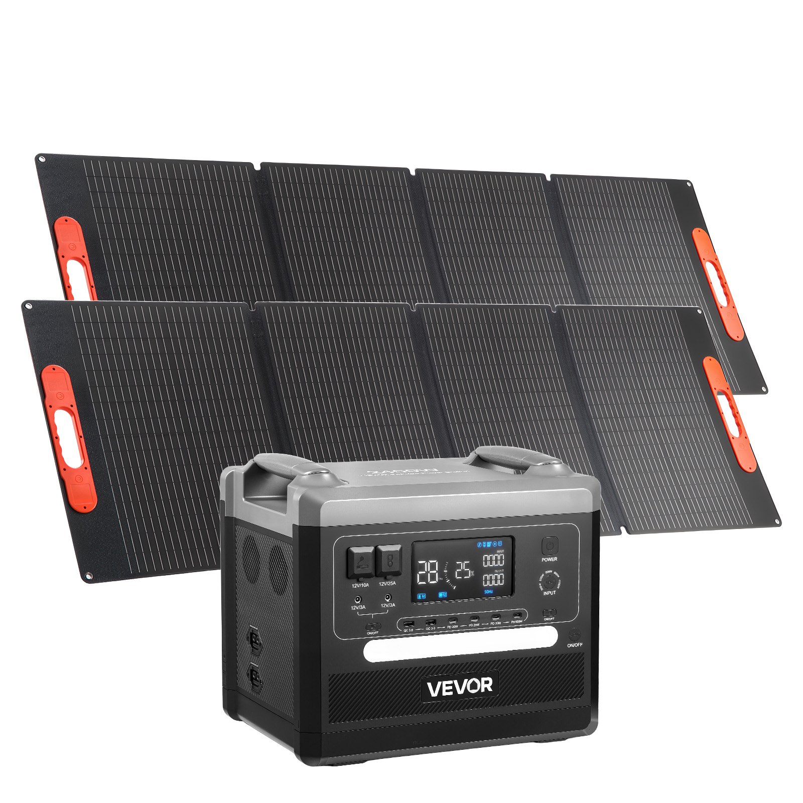 VEVOR Estación de Energía Solar Portátil 2160 Wh 2400 W, con 2 Paneles Solares Plegables 200 W para Camping, Vehículos y Actividades de Ocio, 10 Puertos de Salida y Potencia de Entrada Ajustable