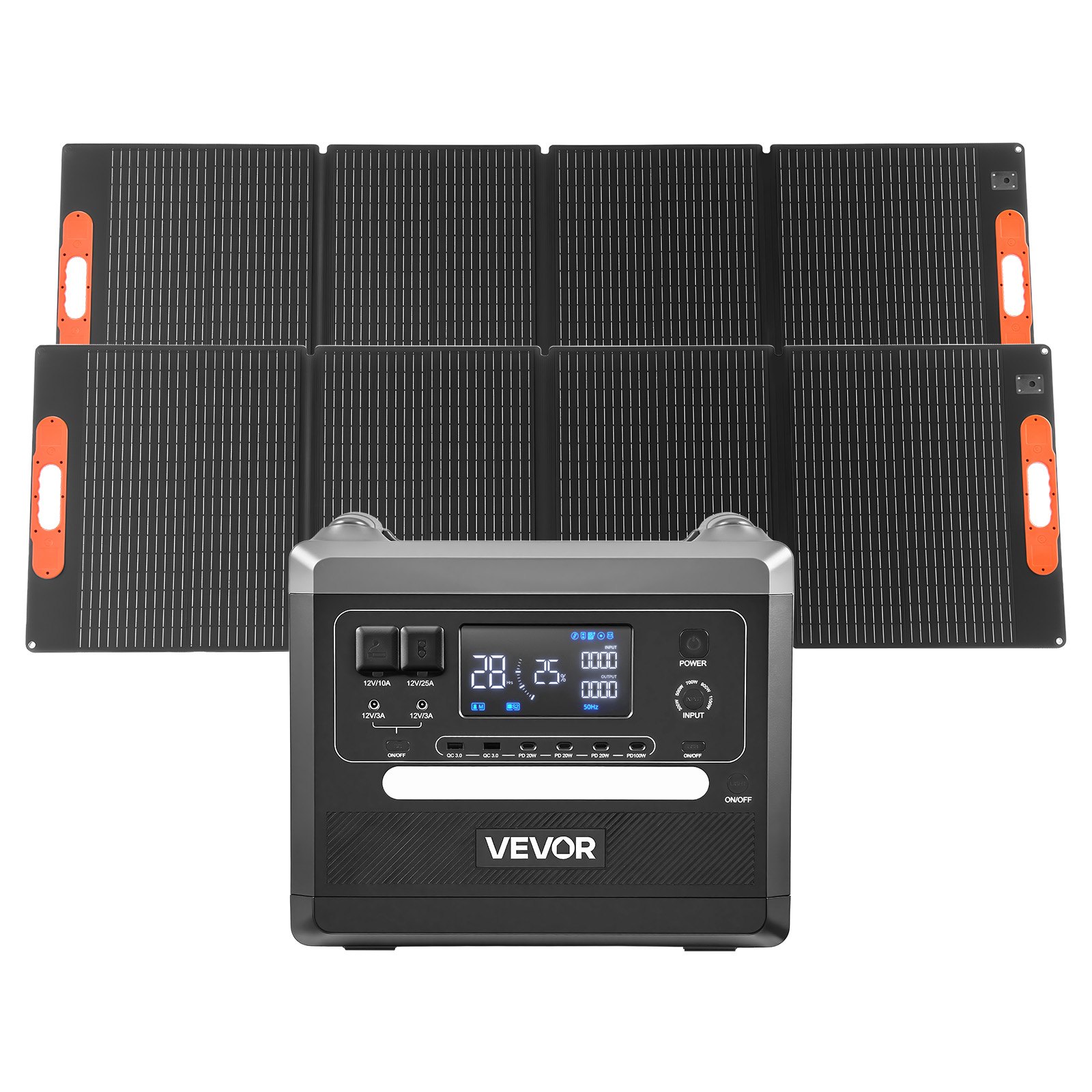 VEVOR Estación de Energía Solar Portátil 2160 Wh 2400 W, con 2 Paneles Solares Plegables 200 W para Camping, Vehículos y Actividades de Ocio, 10 Puertos de Salida y Potencia de Entrada Ajustable
