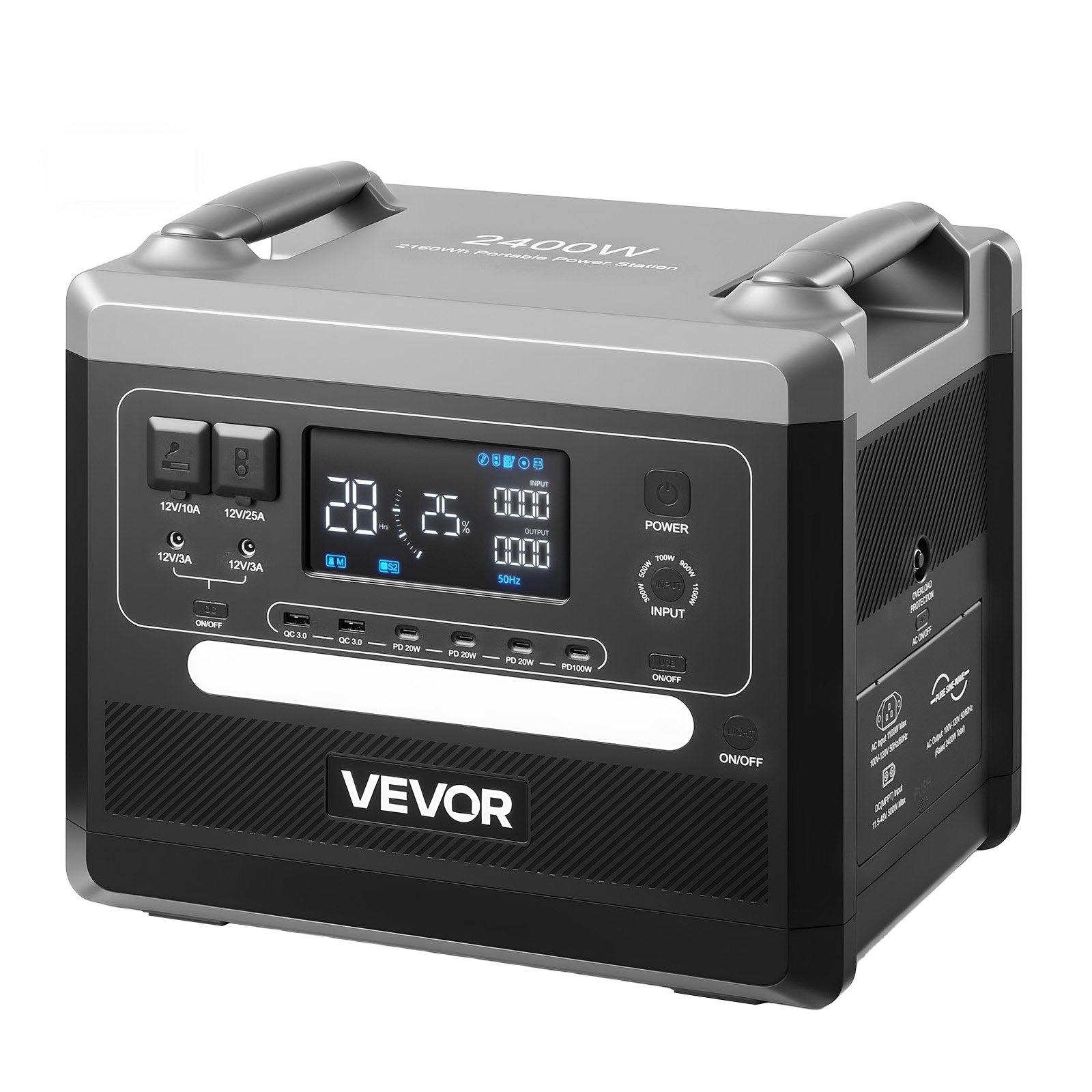 VEVOR Estación de Energía Portátil 2160 Wh, Generador Solar 2400 W, para Camping, Vehículos y Actividades de Ocio, 10 Puertos de Salida, Potencia de Entrada Ajustable, Panel Solar no Incluido
