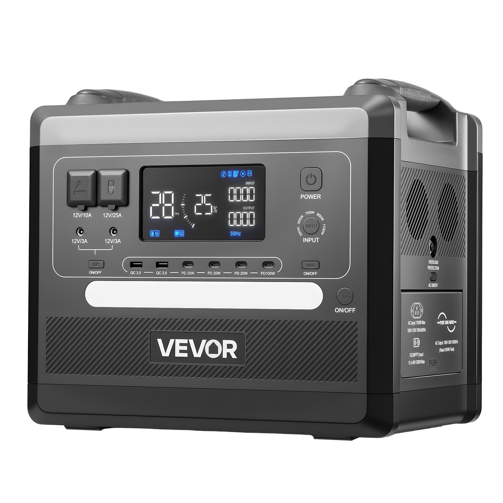 VEVOR Estación de Energía Portátil 2160 Wh, Generador Solar 2400 W, para Camping, Vehículos y Actividades de Ocio, 10 Puertos de Salida, Potencia de Entrada Ajustable, Panel Solar no Incluido