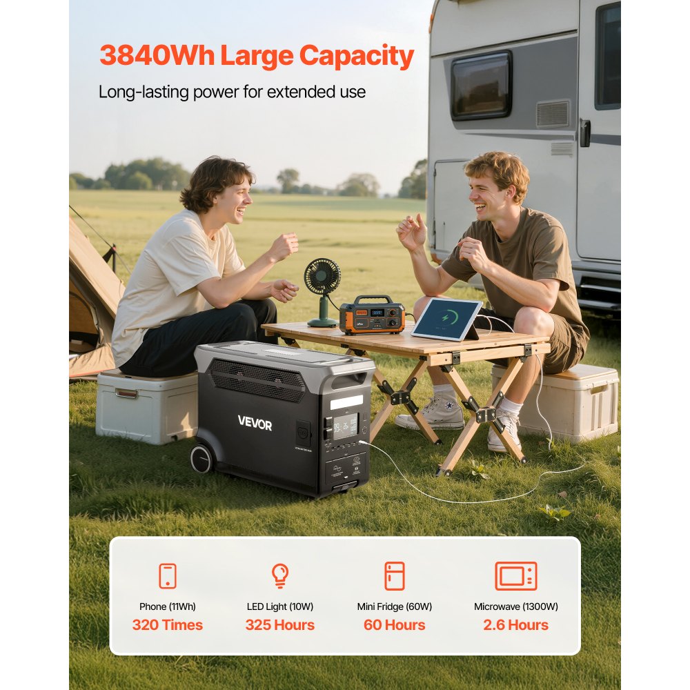 VEVOR Estación de Energía Portátil de 3600 W y 3840 Wh, Generador Solar con 10 Puertos de Salida, 6 Niveles de Potencia de Entrada Ajustables y Batería de Respaldo LiFePO4, 609 x 294 x 457 mm
