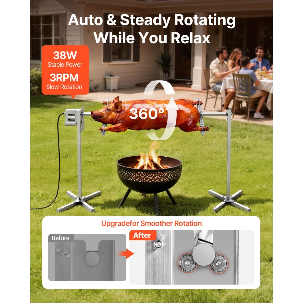 VEVOR Asador Giratorio Eléctrico 8 Niveles de Altura, Capacidad de Carga de 60 kg, Longitud de 1321 mm, Acabado en Acero Inoxidable, Rotación Suave de 360°, Parrilla para Fiesta, Acampada, Barbacoa