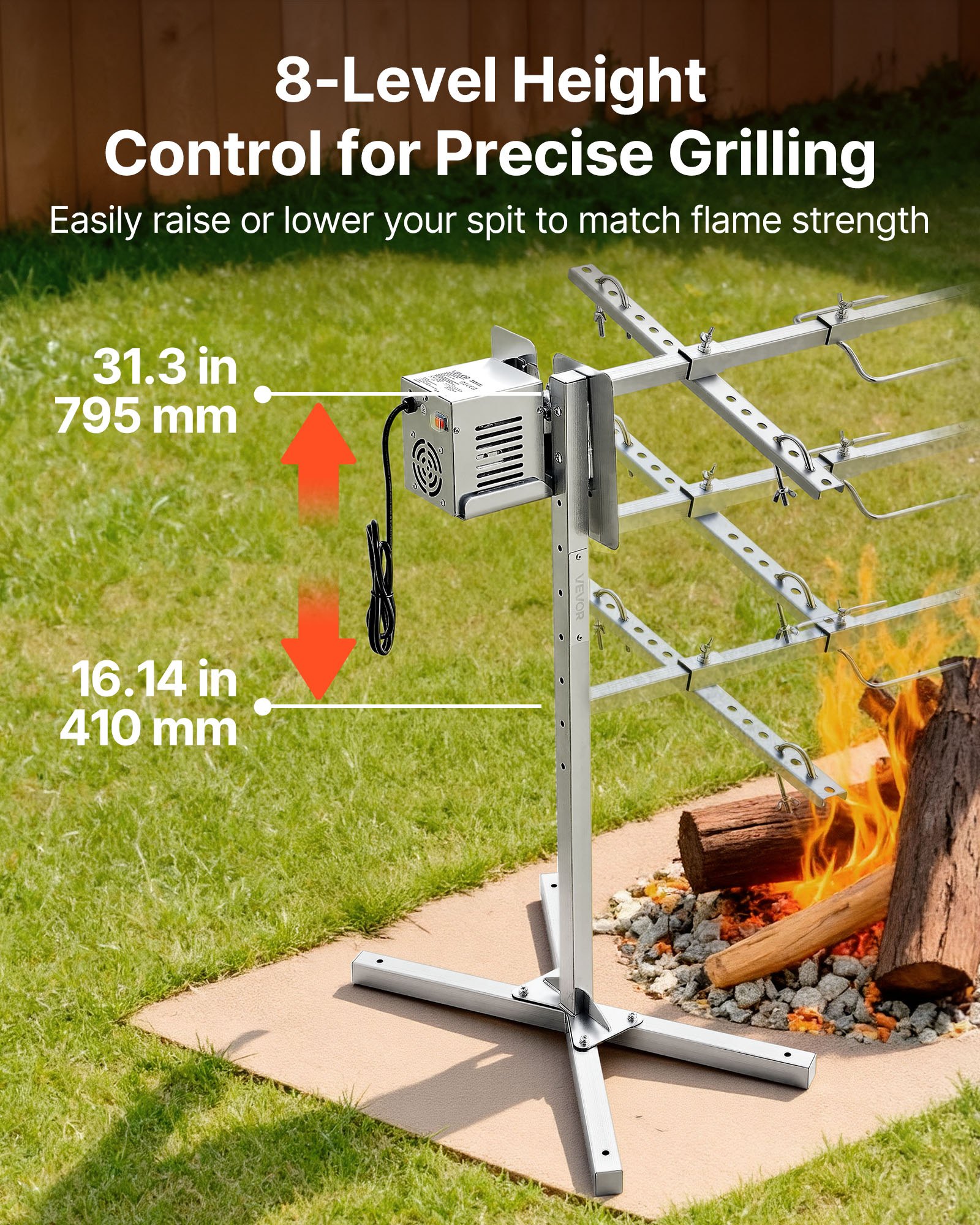 VEVOR Asador Giratorio Eléctrico 8 Niveles de Altura, Capacidad de Carga de 60 kg, Motor de 38 W, Acabado en Acero Inoxidable, Rotación Suave de 360°, Parrilla para Fiestas, Acampadas, Barbacoas