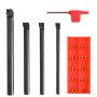 Juego de portaherramientas de torneado de torno VEVOR con 4 portaherramientas, llave e insertos de carburo en caja roja.