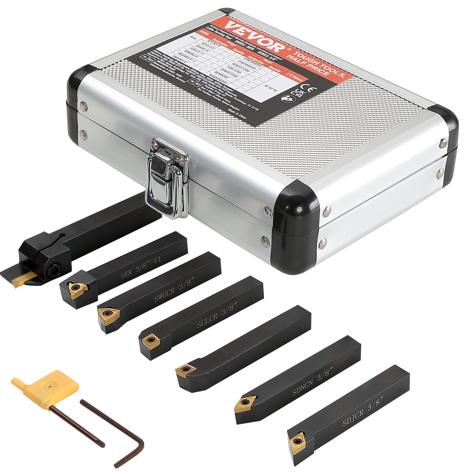 VEVOR Torno Herramienta de torneado 7 PCS Portaherramientas de Torno de Metal CNC 3/8" con Inserciones de Carburo Estañado Caja de Almacenamiento Kit de Herramientas para Tornear Ranurado