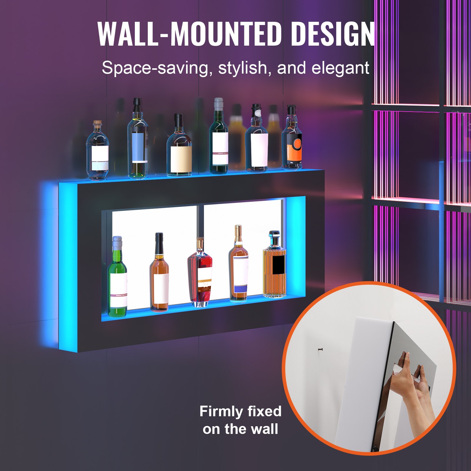 VEVOR Estante de exhibición de botellas de licor iluminado con LED, cuadrado de 48 pulgadas, estante de barra para el hogar iluminado con control remoto RF y aplicación, 7 colores estáticos, tiempo de 1 a 4 horas, estante de iluminación de bebidas de acrílico montado en la pared para 24 botellas