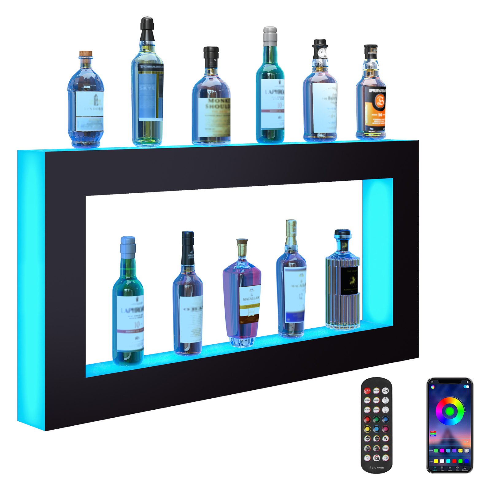 VEVOR Estante de exhibición de botellas de licor iluminado con LED, cuadrado de 48 pulgadas, estante de barra para el hogar iluminado con control remoto RF y aplicación, 7 colores estáticos, tiempo de 1 a 4 horas, estante de iluminación de bebidas de acrílico montado en la pared para 24 botellas