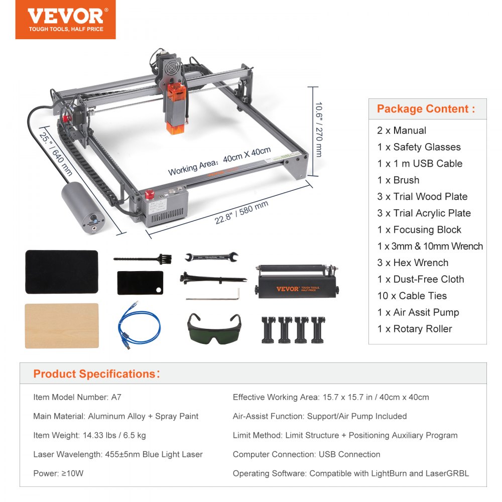 VEVOR Máquina de Grabado Láser 10 W Grabadora Láser 64x58x27 cm Área de Trabajo 40x40 cm Velocidad de Movimiento 10000 mm/min Punto Comprimido Rodillo Rotativo Corte Láser para Madera Metal Acrílico