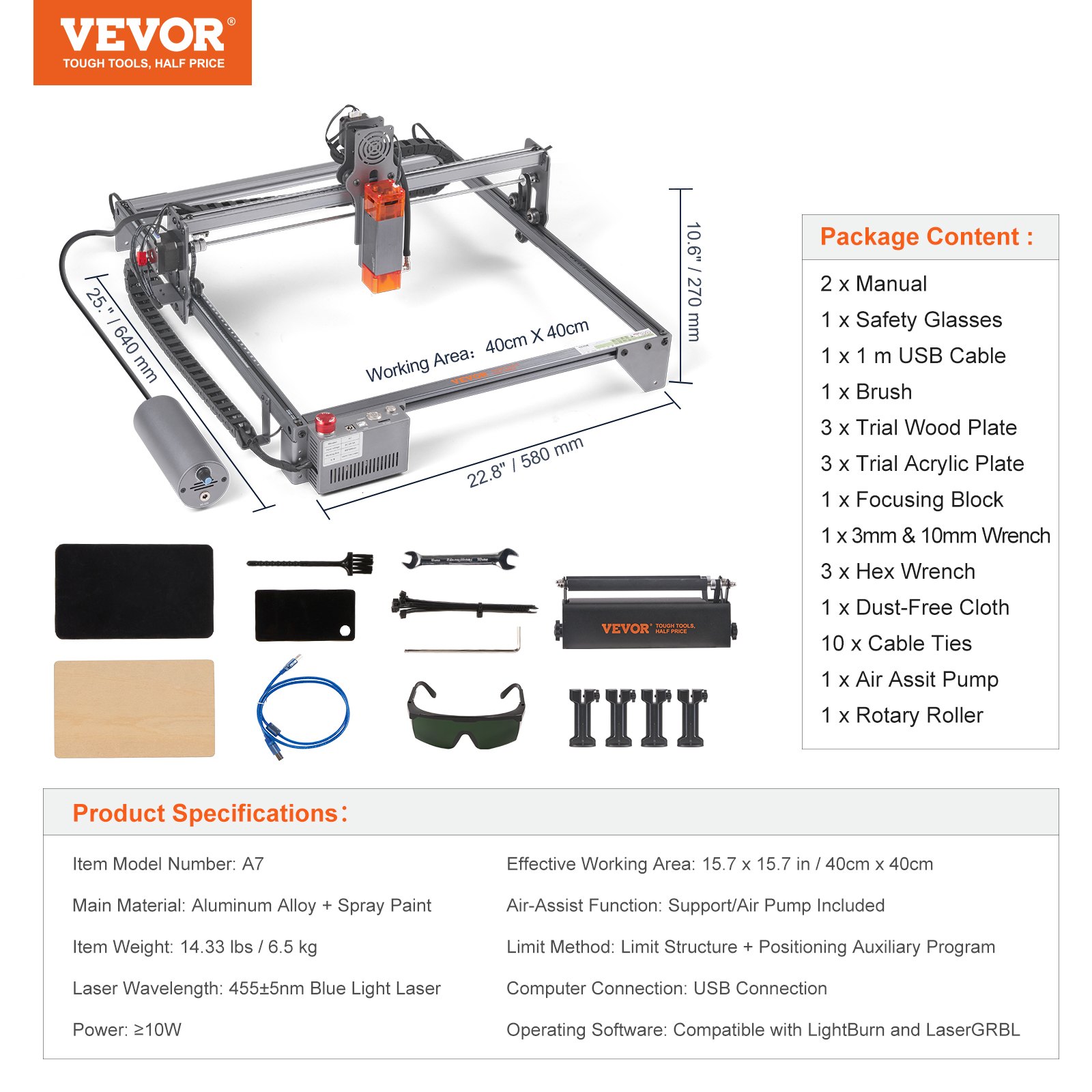 VEVOR Máquina de Grabado Láser 10 W Grabadora Láser 64x58x27 cm Área de Trabajo 40x40 cm Velocidad de Movimiento 10000 mm/min Punto Comprimido Rodillo Rotativo Corte Láser para Madera Metal Acrílico