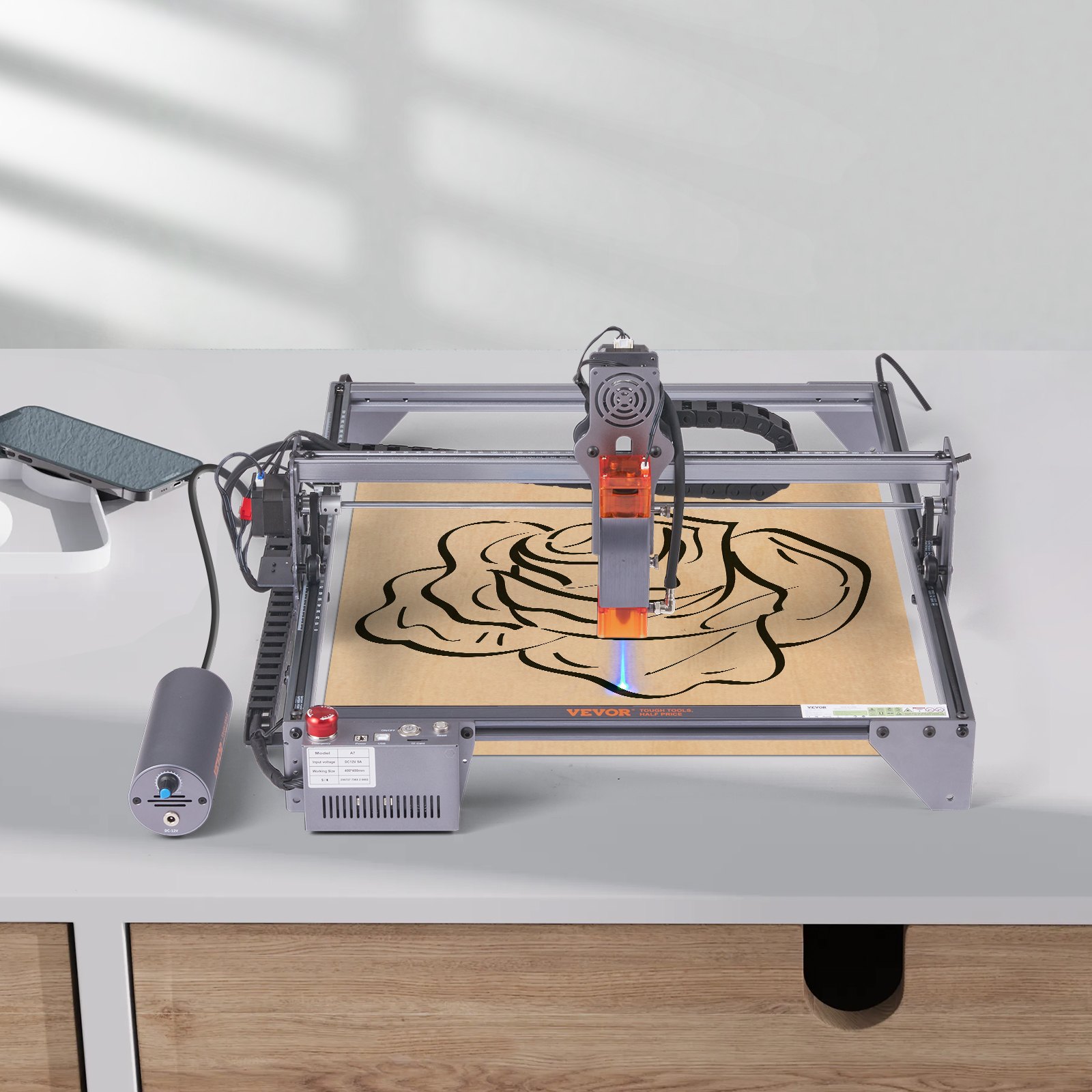 VEVOR Máquina de Grabado Láser 10 W Grabadora Láser 64x58x27 cm Área de Trabajo 40x40 cm Velocidad de Movimiento 10000 mm/min Punto Comprimido Rodillo Rotativo Corte Láser para Madera Metal Acrílico