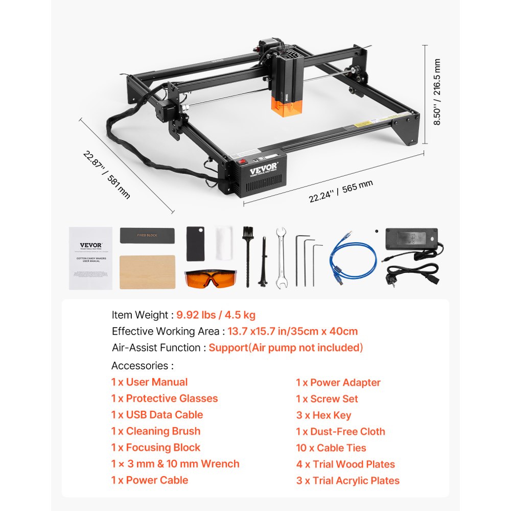 VEVOR Laser Engraver, 20 W Power, Laser Engraving Machine, 35x40 cm Working Area, 10000 mm/min Movement Speed, Compressed Spot with Eye Protection, for Wood, Certain Metals