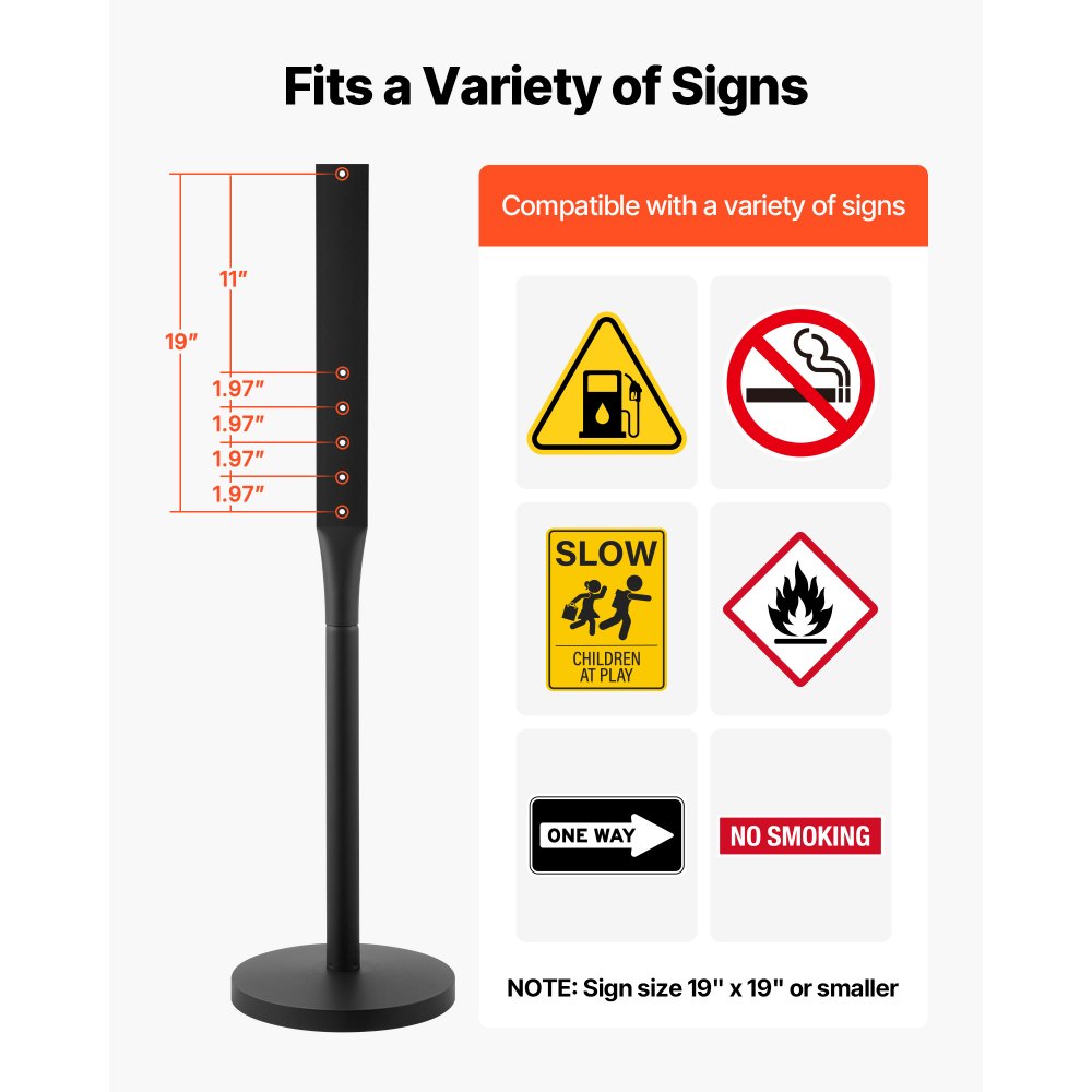VEVOR Poste de Letrero, Altura de 1230 mm, Paquete de 2 Piezas, Poste de Señal de Metal, con Orificios Múltiples, para Estacionamiento Tráfico Construcción Aviso de Advertencia de Calle, Color Negro