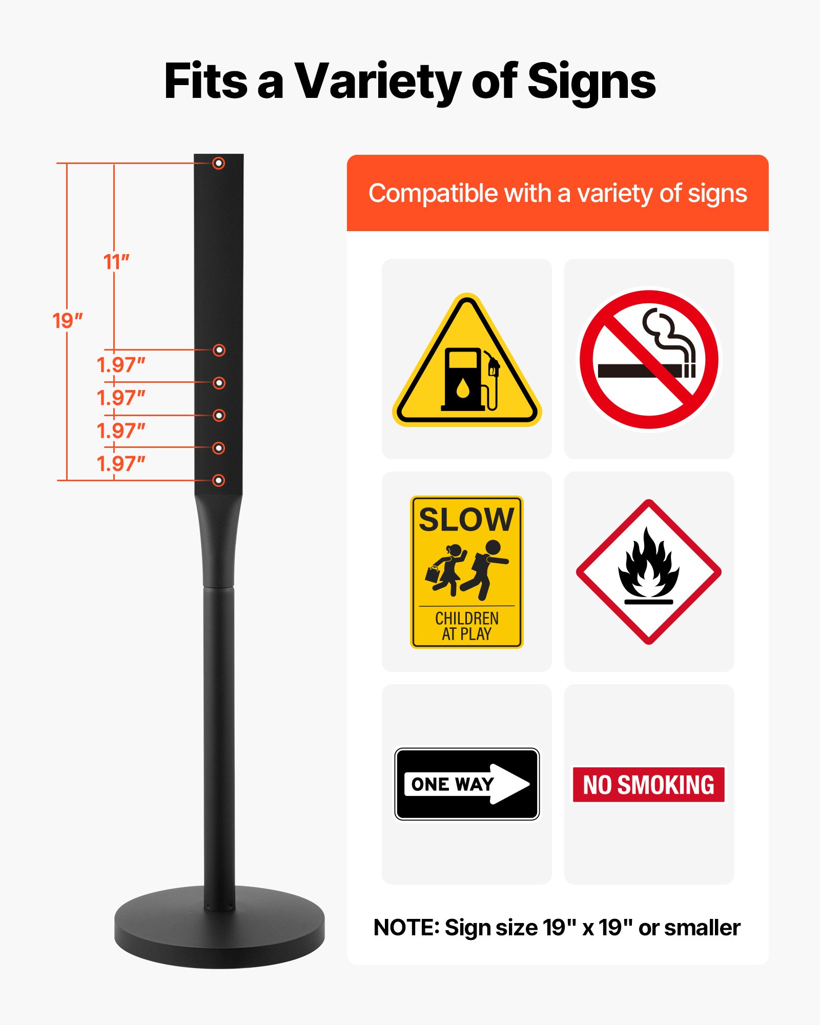 VEVOR Poste de Letrero, Altura de 1230 mm, Paquete de 2 Piezas, Poste de Señal de Metal, con Orificios Múltiples, para Estacionamiento Tráfico Construcción Aviso de Advertencia de Calle, Color Negro