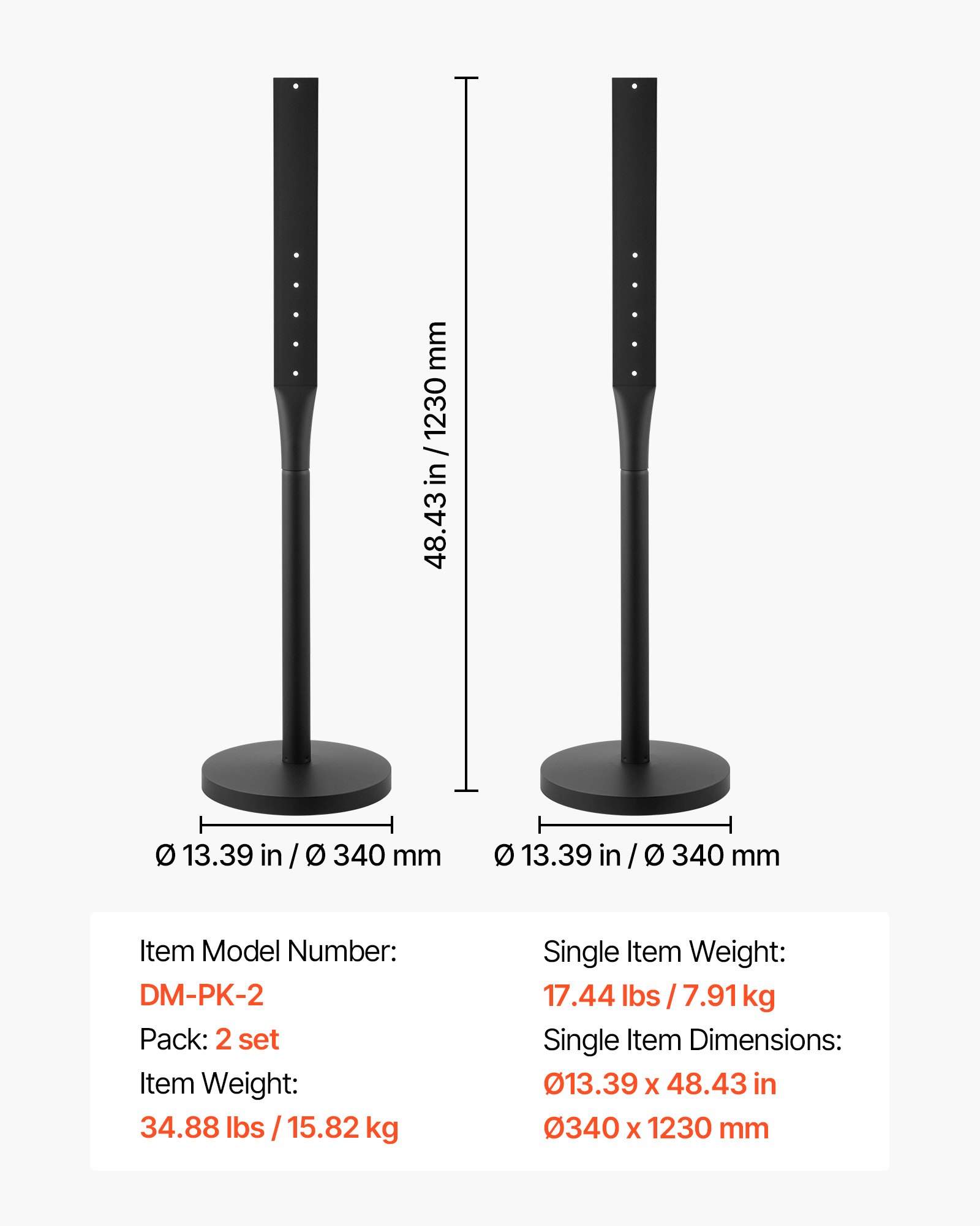 VEVOR Poste de Letrero, Altura de 1230 mm, Paquete de 2 Piezas, Poste de Señal de Metal, con Orificios Múltiples, para Estacionamiento Tráfico Construcción Aviso de Advertencia de Calle, Color Negro