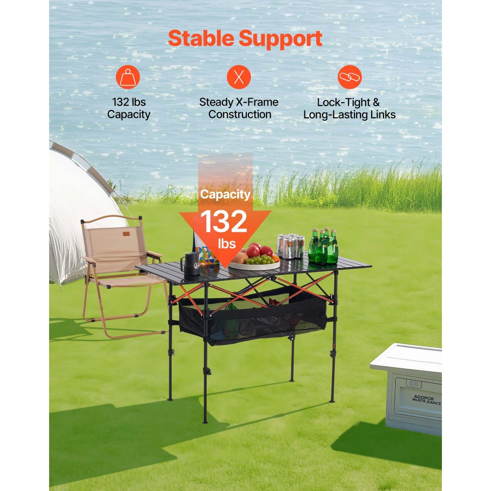 VEVOR Mesa de Camping Plegable Portátil Enrollable, Aluminio, con Altura Ajustable, Bolsa de Almacenamiento Grande y de Transporte, para Barbacoas, Picnics, Viajes, 1200 x 550 x 500 mm, Negro