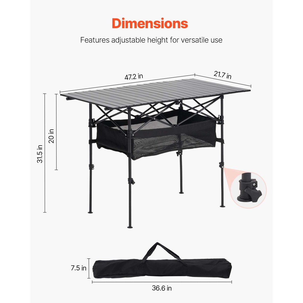 VEVOR Mesa de Camping Plegable Portátil Enrollable, Aluminio, con Altura Ajustable, Bolsa de Almacenamiento Grande y de Transporte, para Barbacoas, Picnics, Viajes, 1200 x 550 x 500 mm, Negro