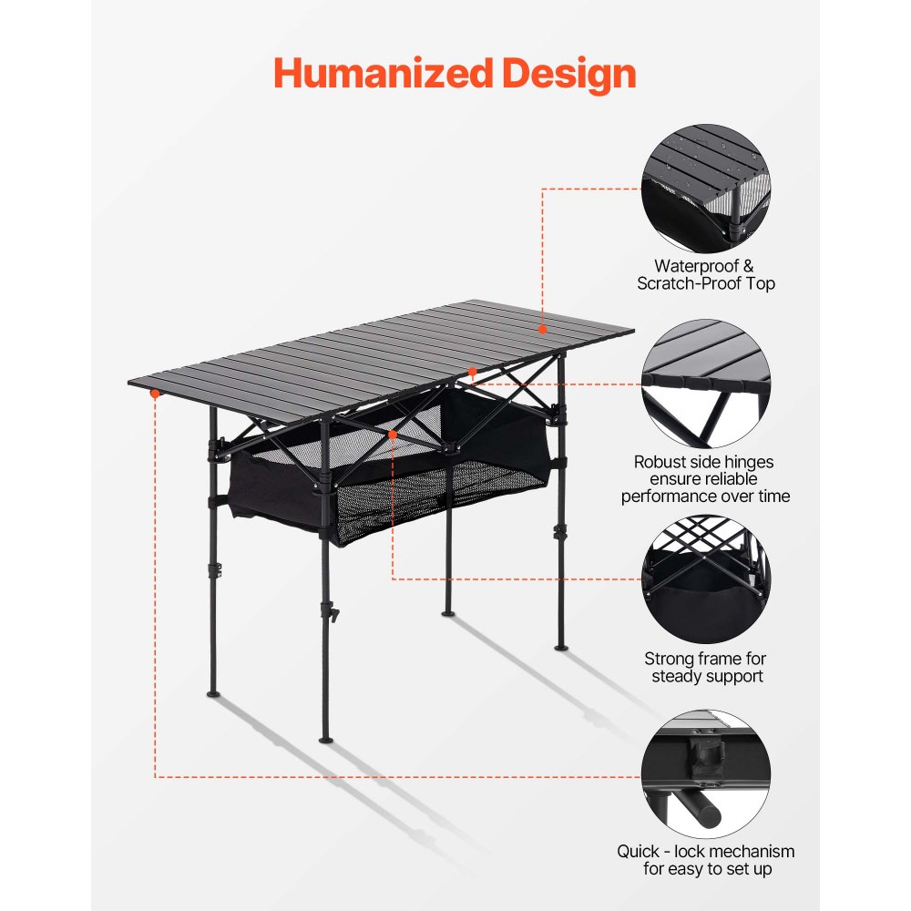 VEVOR Mesa de Camping Plegable Portátil Enrollable, Aluminio, con Altura Ajustable, Bolsa de Almacenamiento Grande y de Transporte, para Barbacoas, Picnics, Viajes, 1200 x 550 x 500 mm, Negro