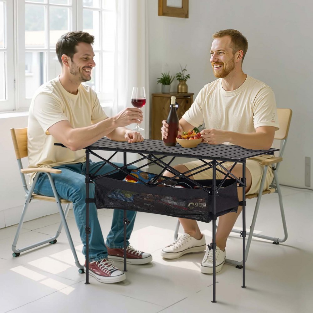 VEVOR Mesa de Camping Plegable Portátil Enrollable, Aluminio, con Altura Ajustable, Bolsa de Almacenamiento Grande y de Transporte, para Barbacoas, Picnics, Viajes, 1200 x 550 x 500 mm, Negro