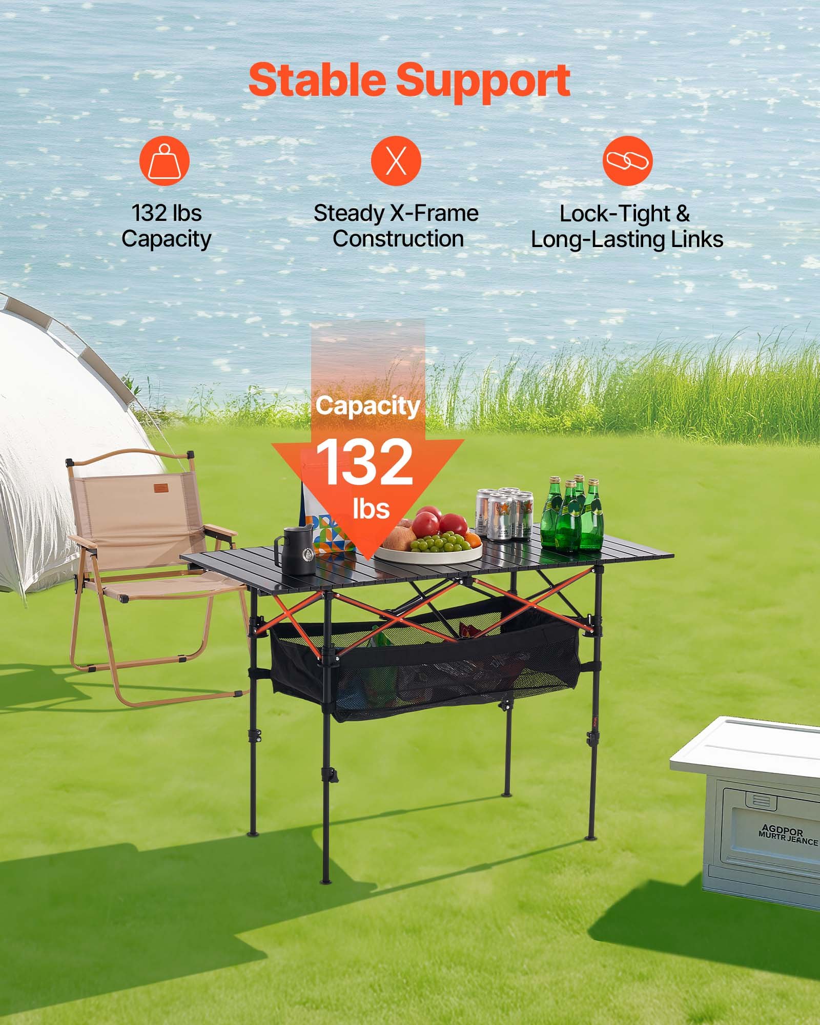 VEVOR Mesa de Camping Plegable Portátil Enrollable, Aluminio, con Altura Ajustable, Bolsa de Almacenamiento Grande y de Transporte, para Barbacoas, Picnics, Viajes, 1200 x 550 x 500 mm, Negro