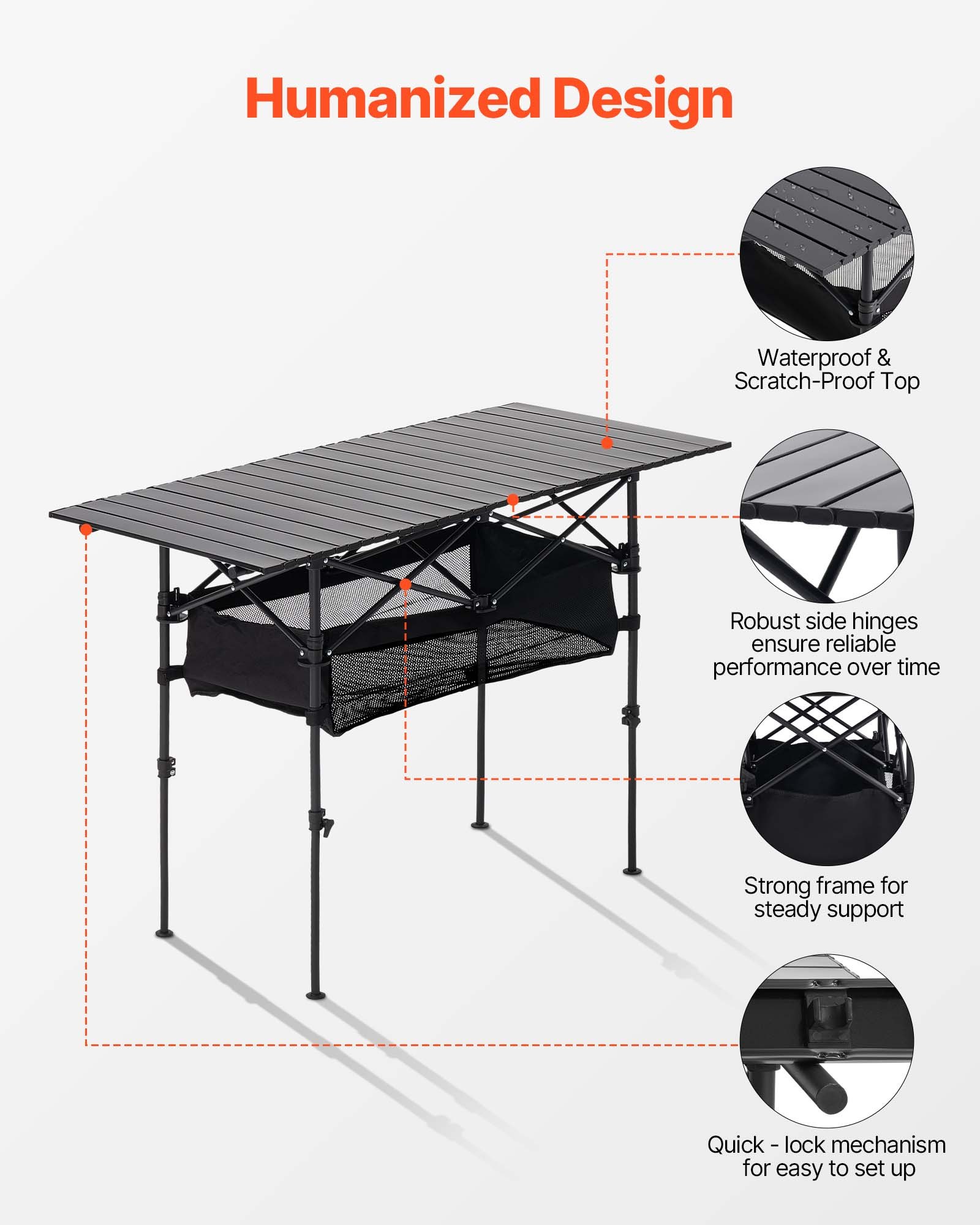 VEVOR Mesa de Camping Plegable Portátil Enrollable, Aluminio, con Altura Ajustable, Bolsa de Almacenamiento Grande y de Transporte, para Barbacoas, Picnics, Viajes, 1200 x 550 x 500 mm, Negro