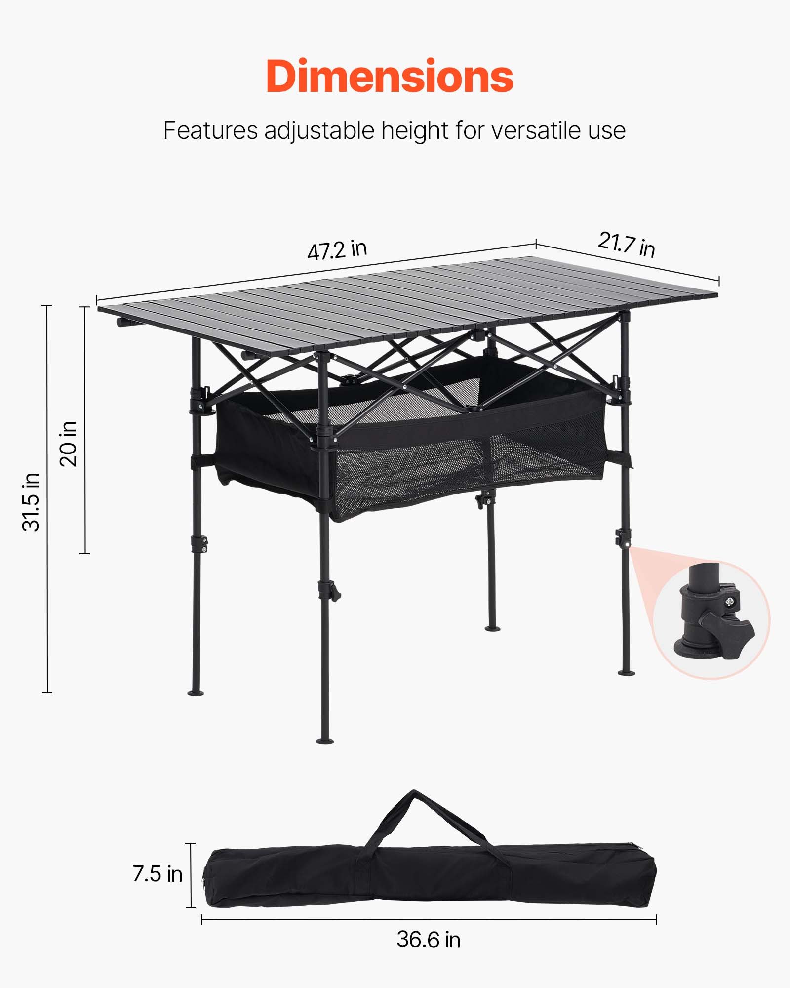 VEVOR Folding Camping Table, Portable Roll Up Side Tables, Lightweight Aluminum Beach Table with Adjustable Height, Large Storage Bag and Carry Bag, For Outdoor BBQ Tailgating Picnic, Travel, Black